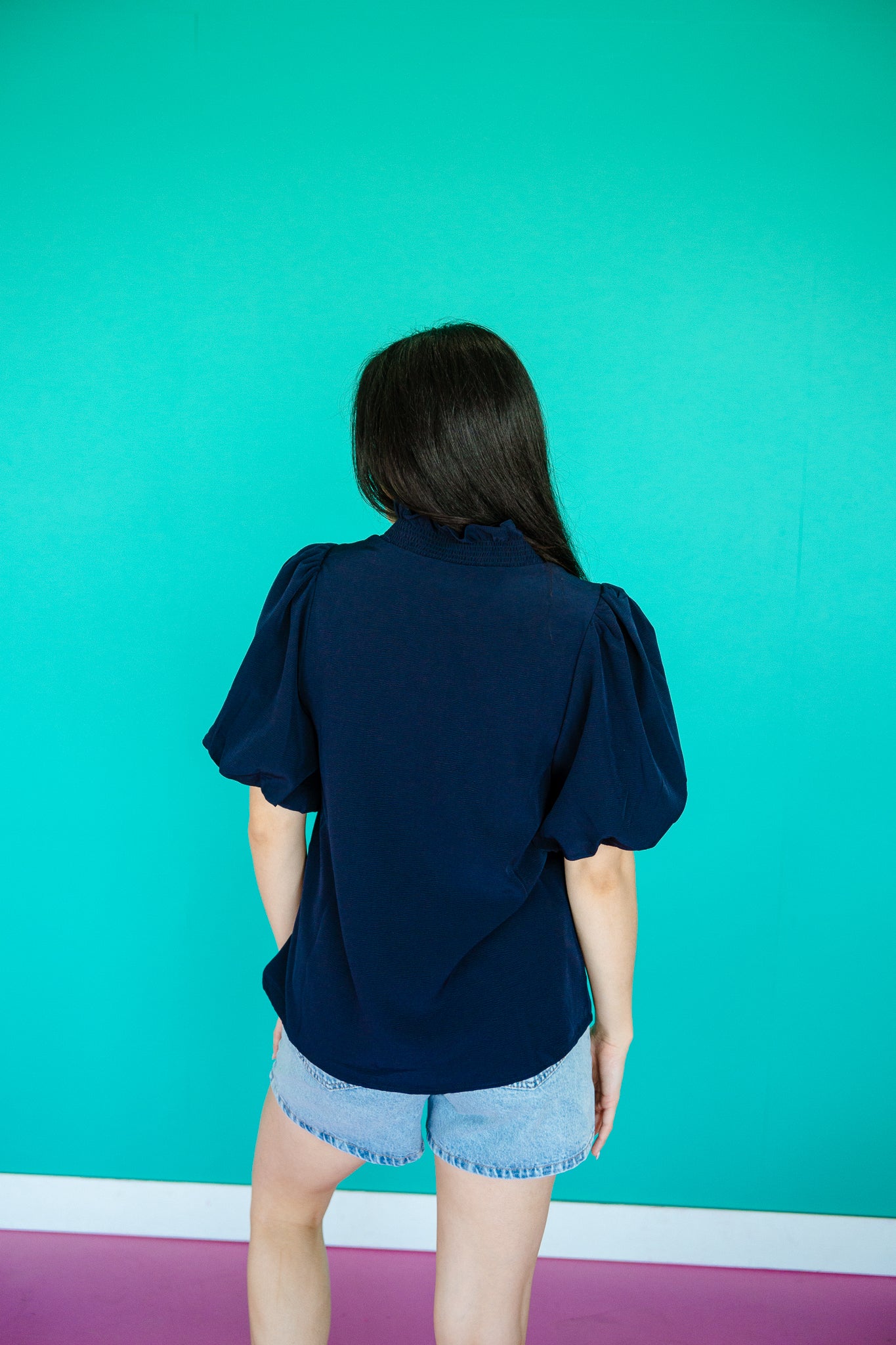 Marsha Bubble Sleeve Top - Navy