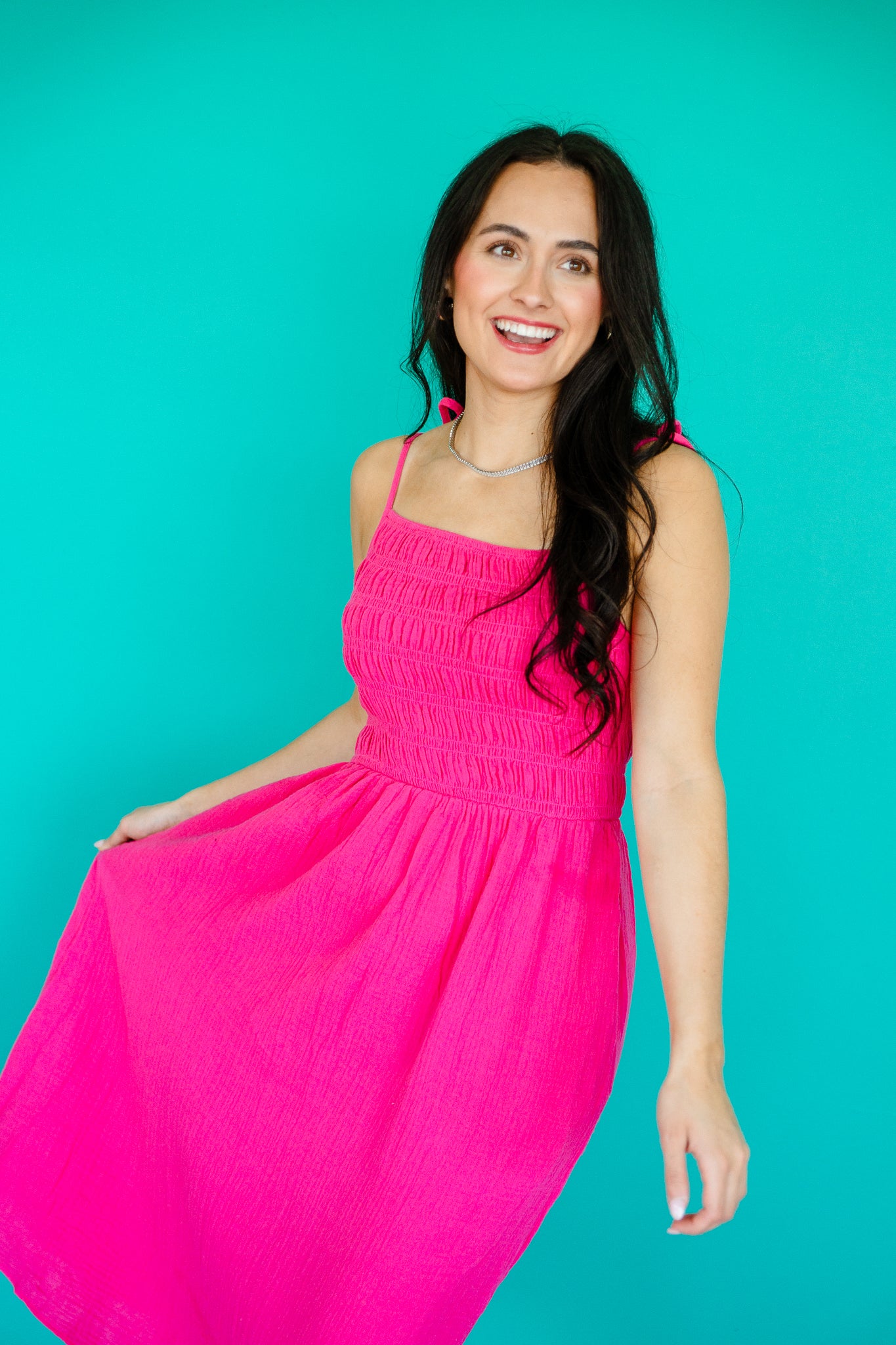 Ally Gauze Smocked Midi Dress - Magenta
