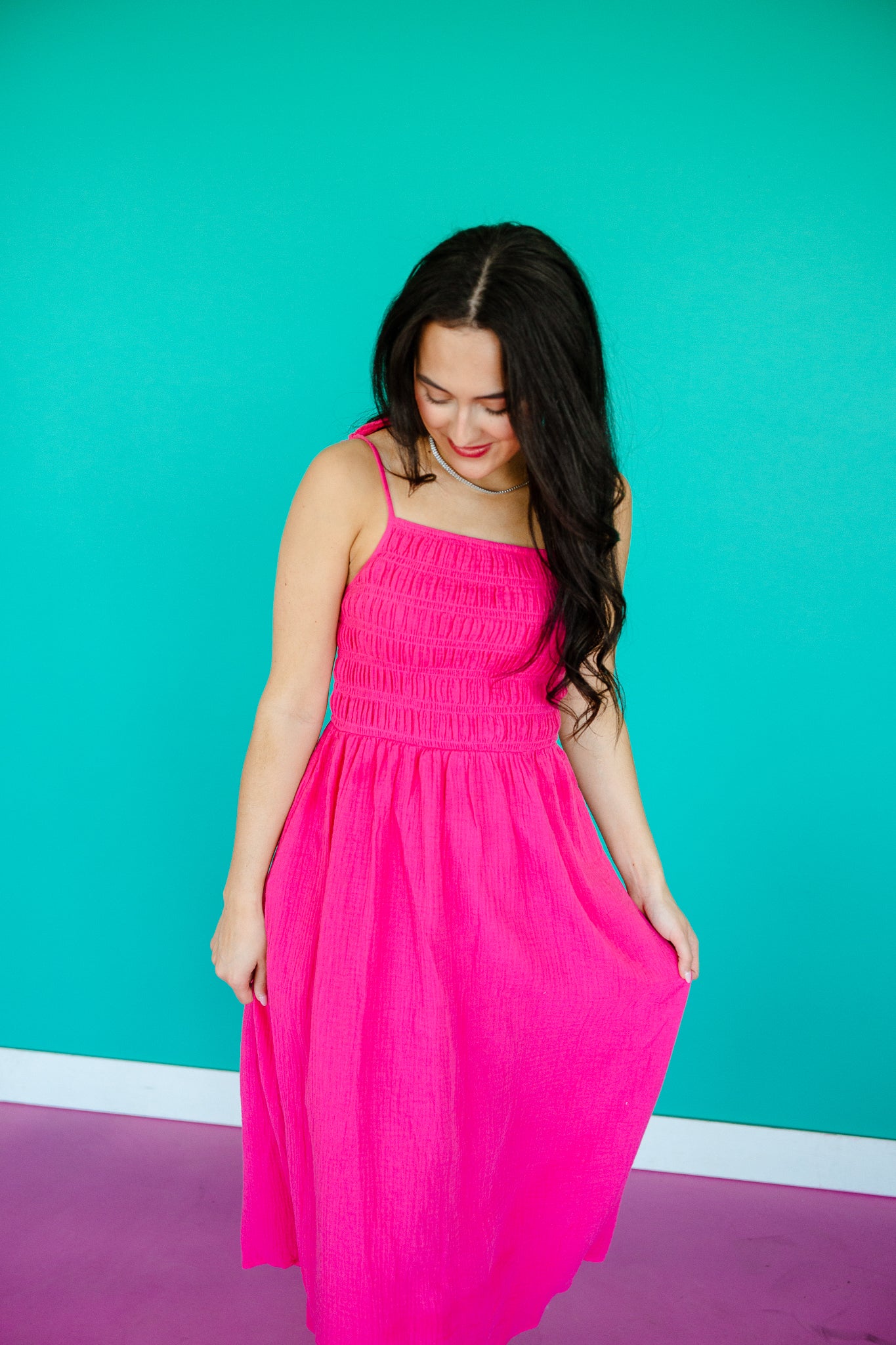 Ally Gauze Smocked Midi Dress - Magenta