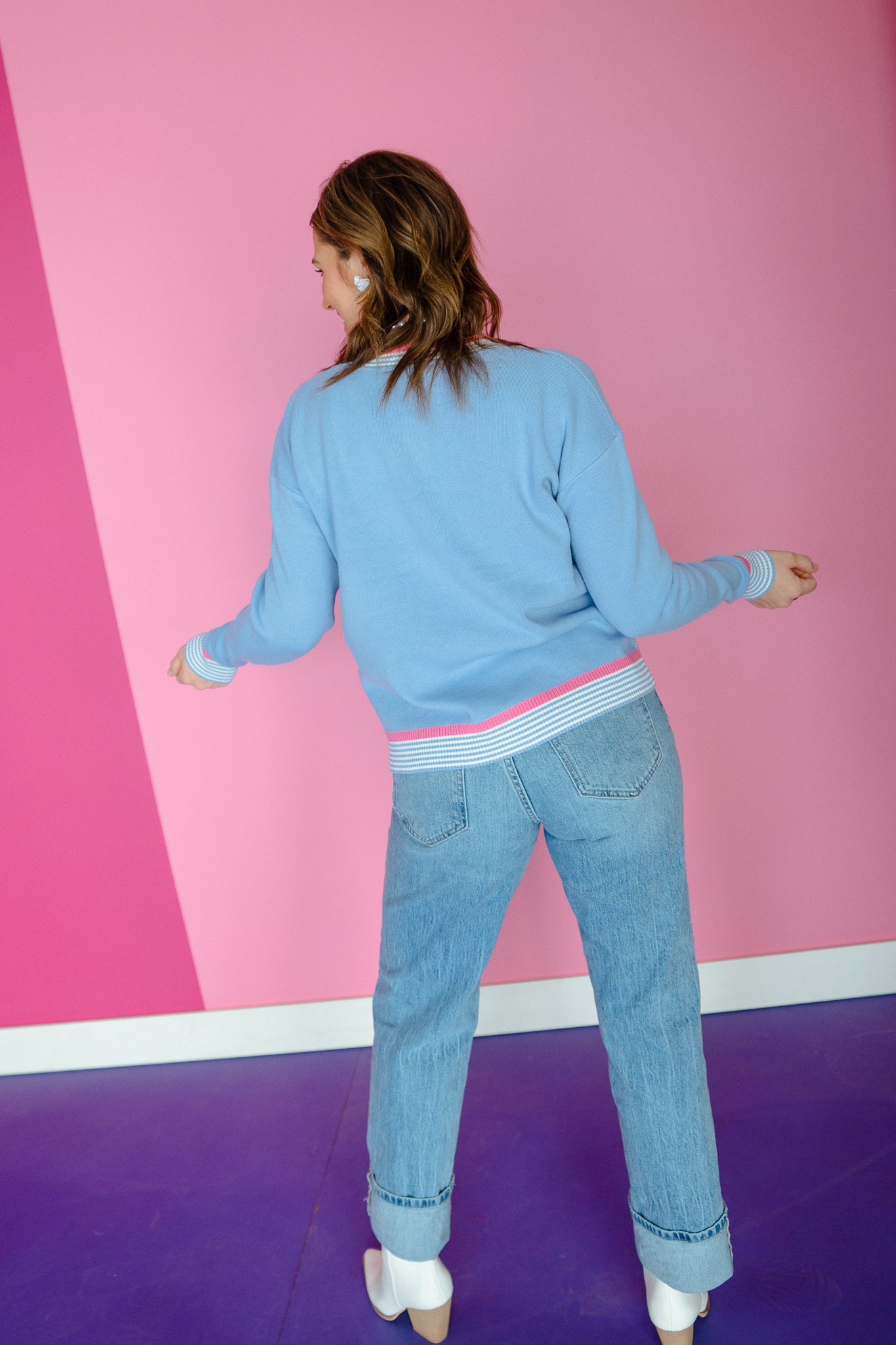 Estella Contrast Trim Sweater - Soft Blue + Rose