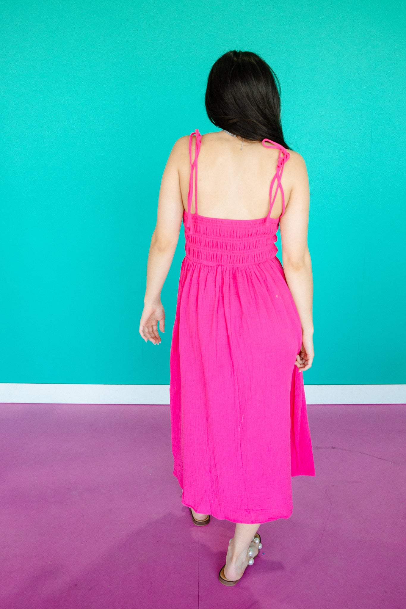 Ally Gauze Smocked Midi Dress - Magenta
