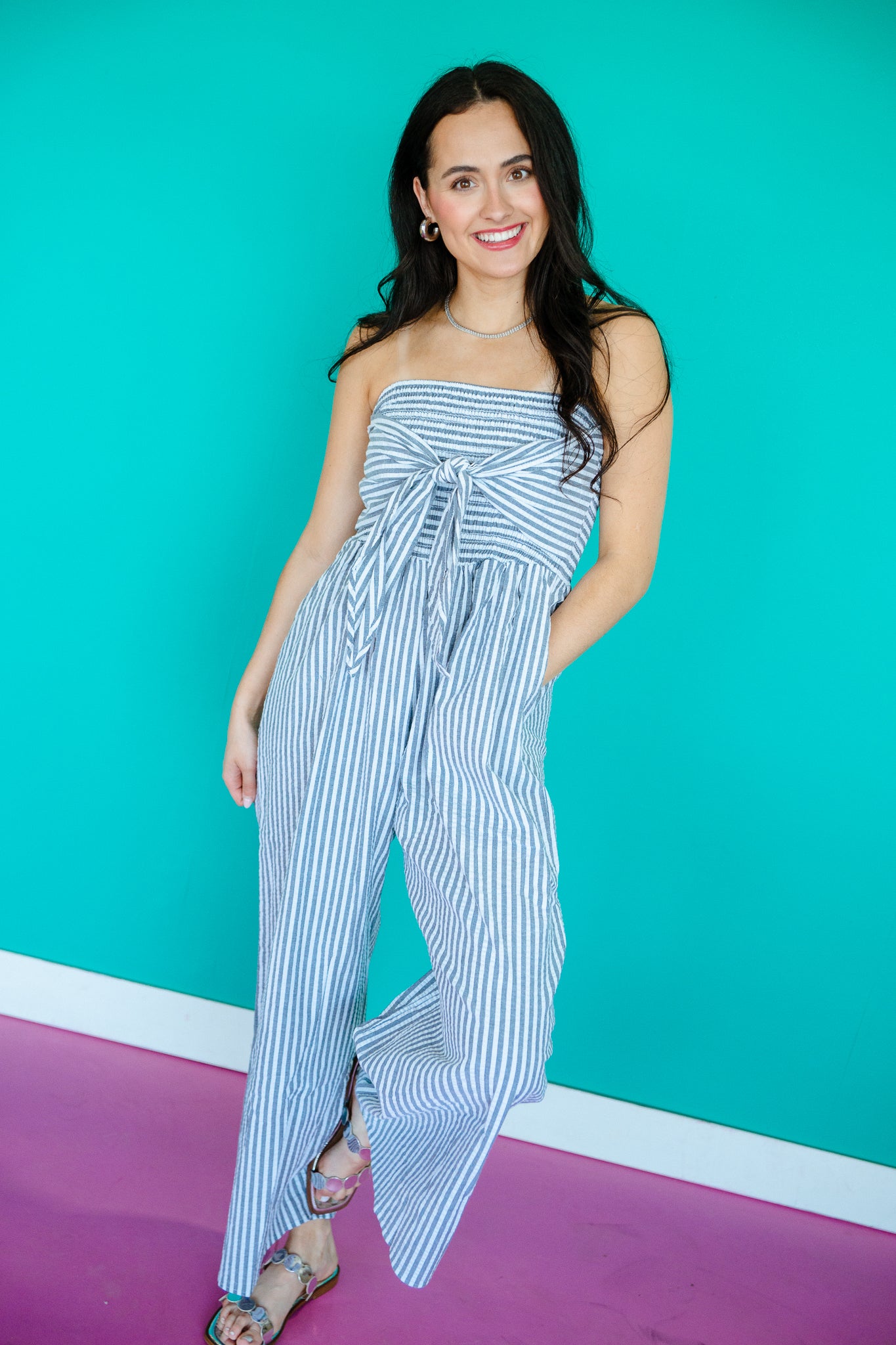 Jan Striped Sleeveless Jumpsuit - Grey + White