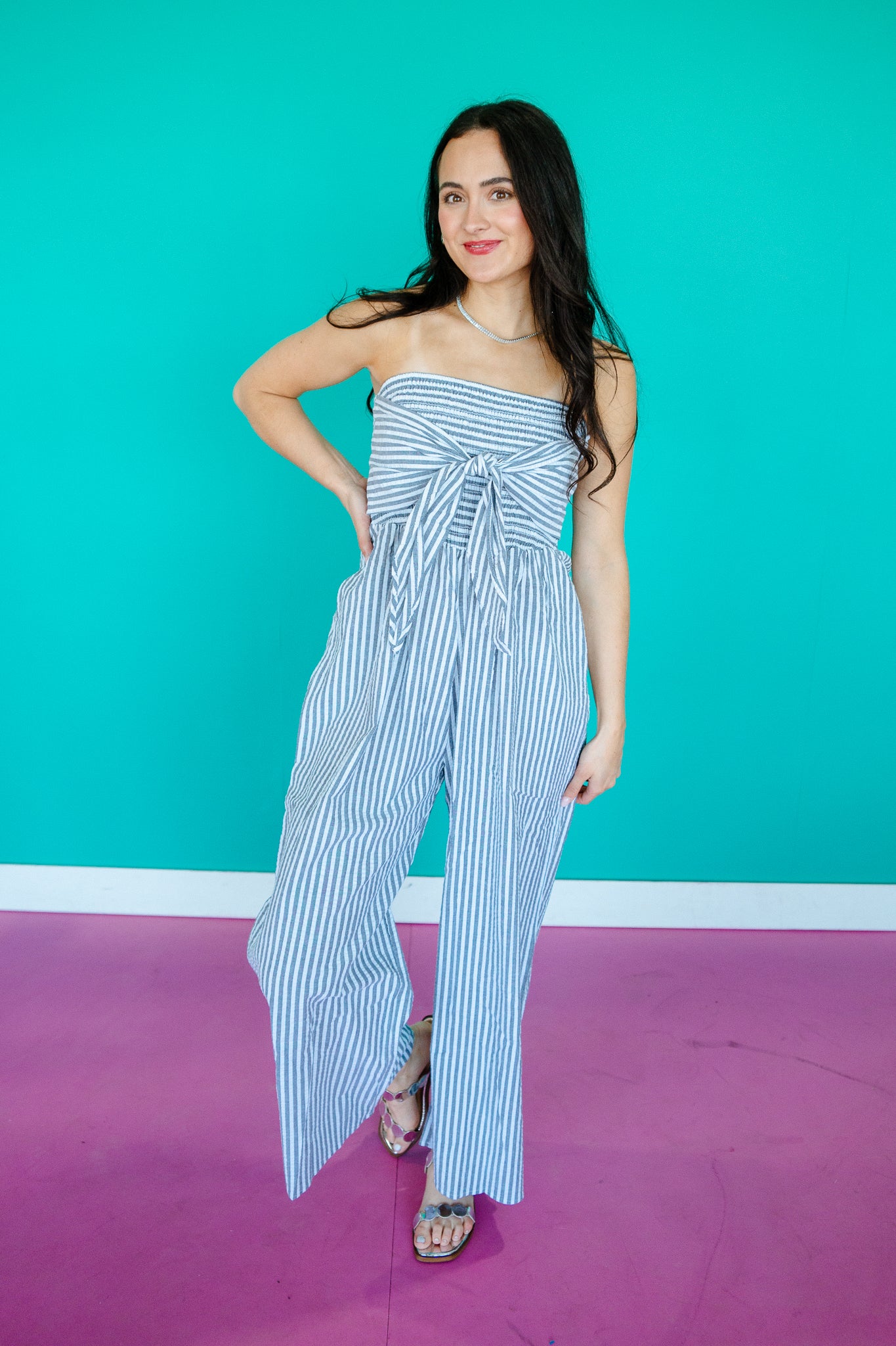 Jan Striped Sleeveless Jumpsuit - Grey + White