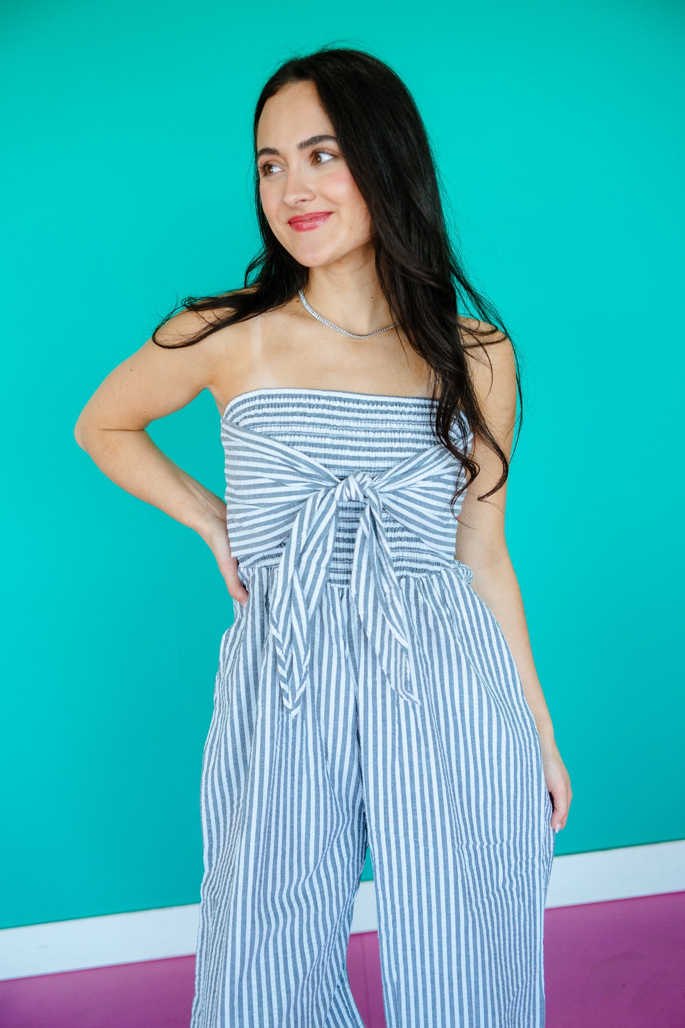 Jan Striped Sleeveless Jumpsuit - Grey + White