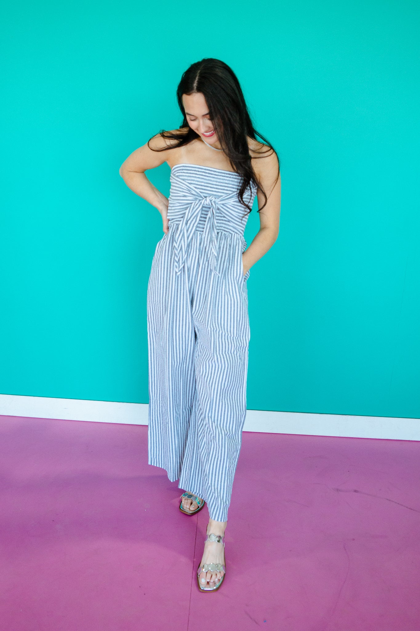 Jan Striped Sleeveless Jumpsuit - Grey + White