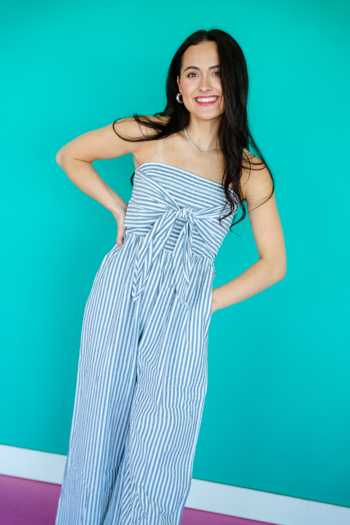 Jan Striped Sleeveless Jumpsuit - Grey + White