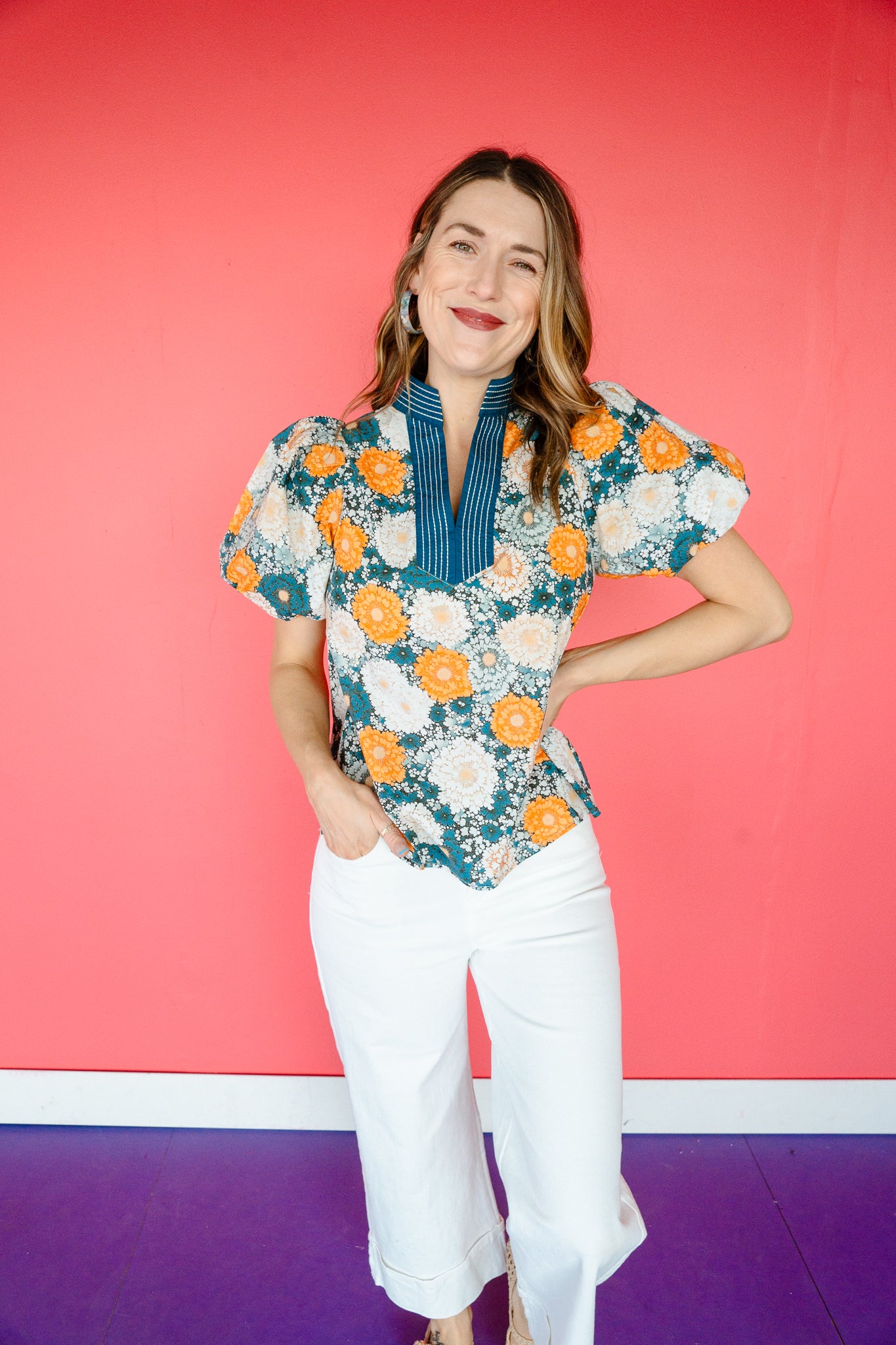 Faith Puff Sleeve Top - Warm Navy + Saffron