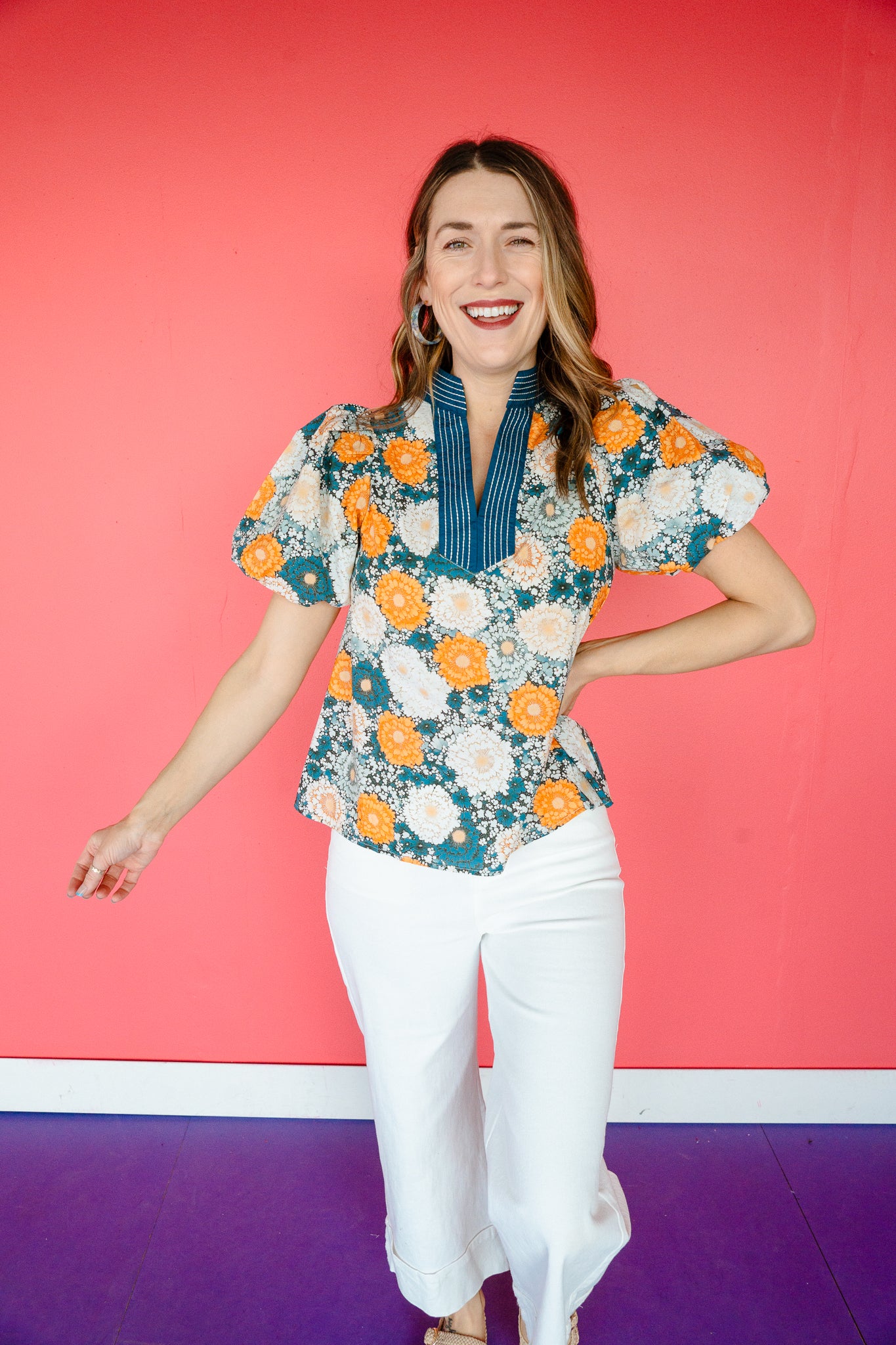 Faith Puff Sleeve Top - Warm Navy + Saffron