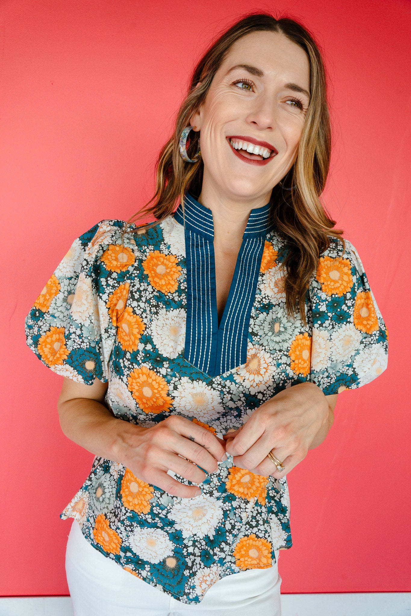 Faith Puff Sleeve Top - Warm Navy + Saffron