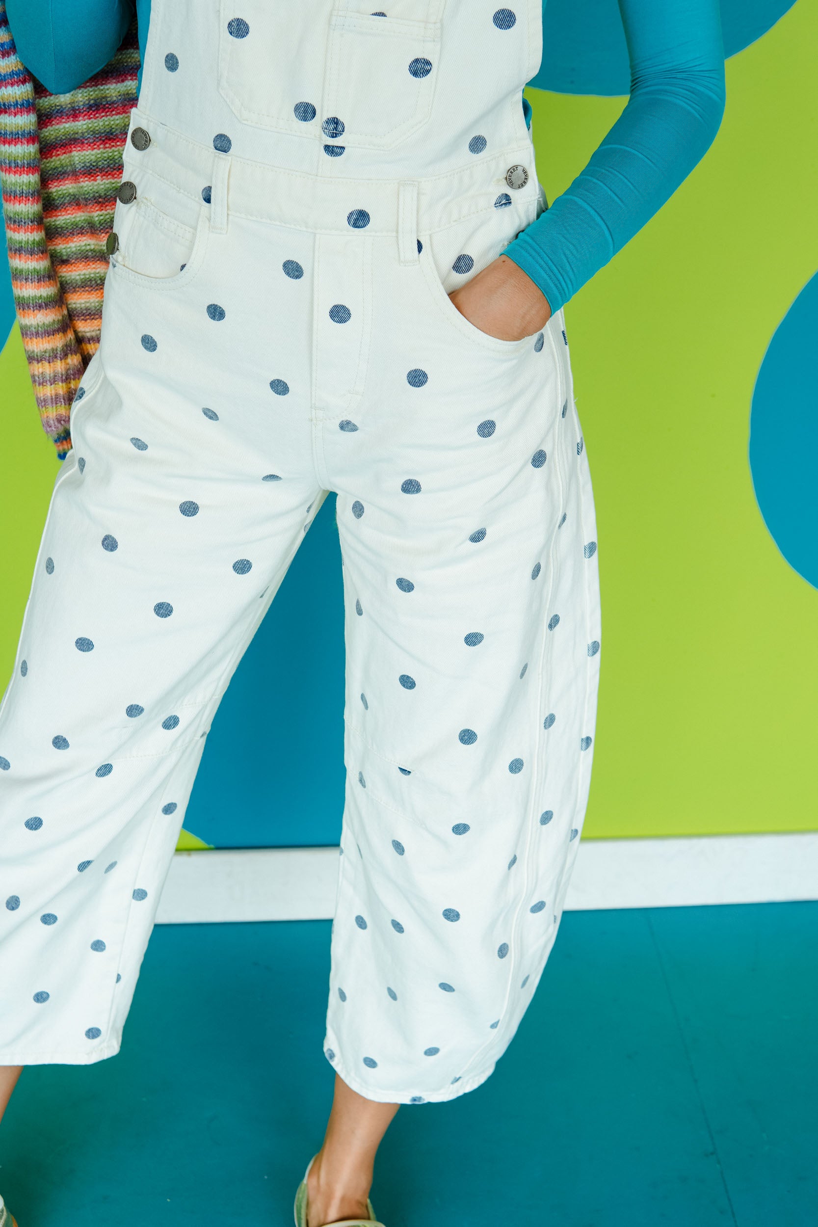 Just a Girl Polka Dot Overalls - Soft White + Blue