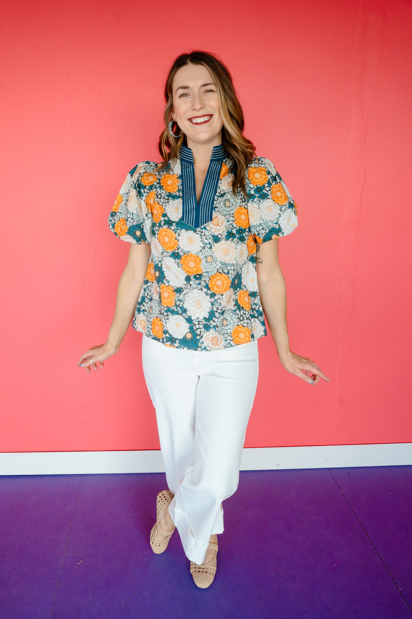 Faith Puff Sleeve Top - Warm Navy + Saffron