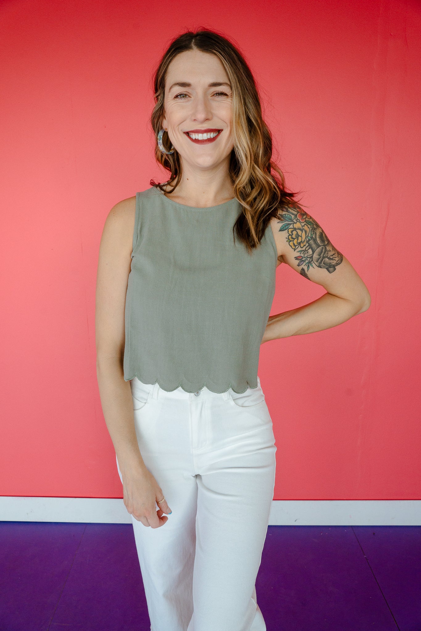 Sophie Scalloped Top and Pant Set - Light Olive