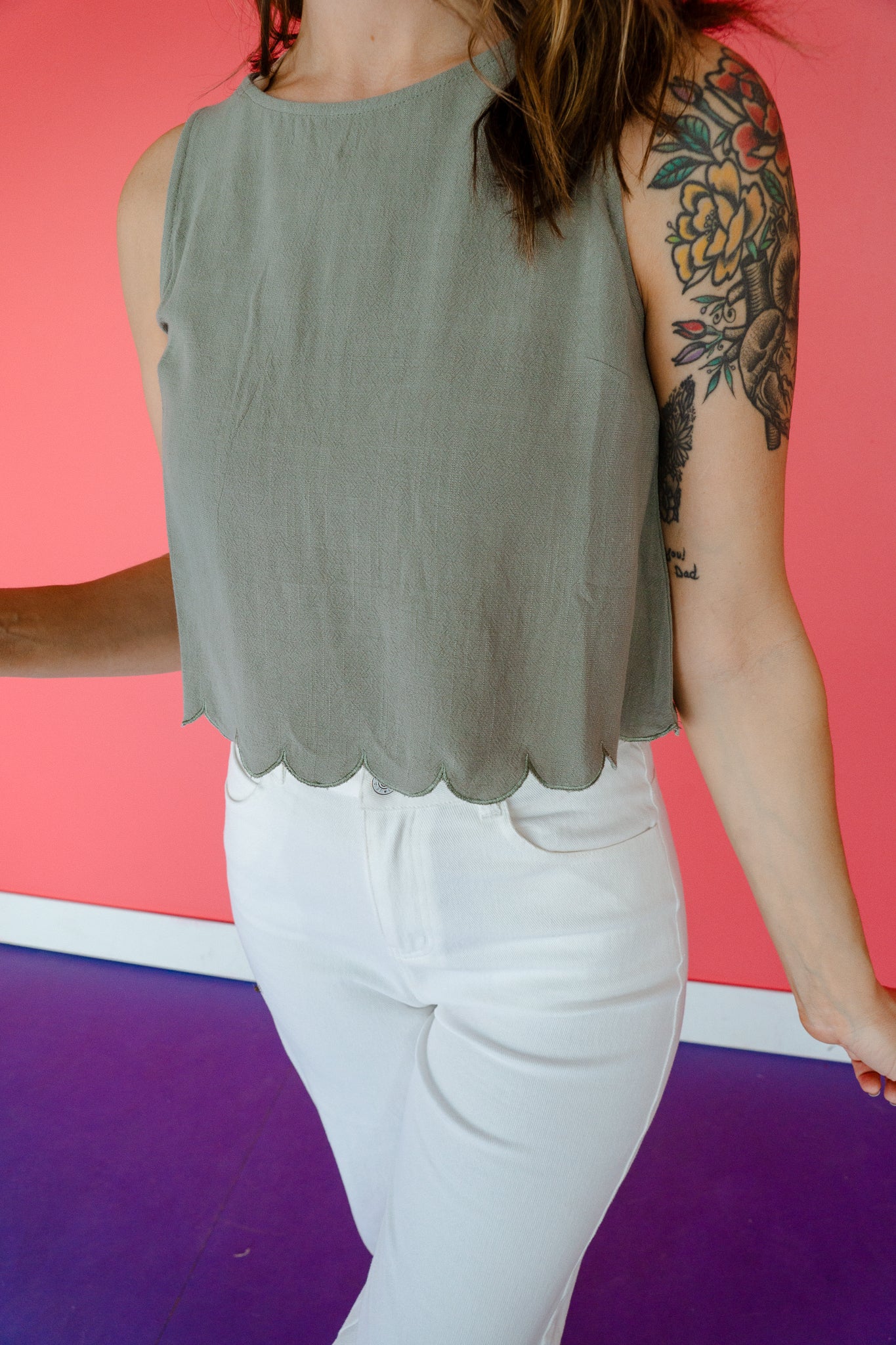 Sophie Scalloped Top and Pant Set - Light Olive