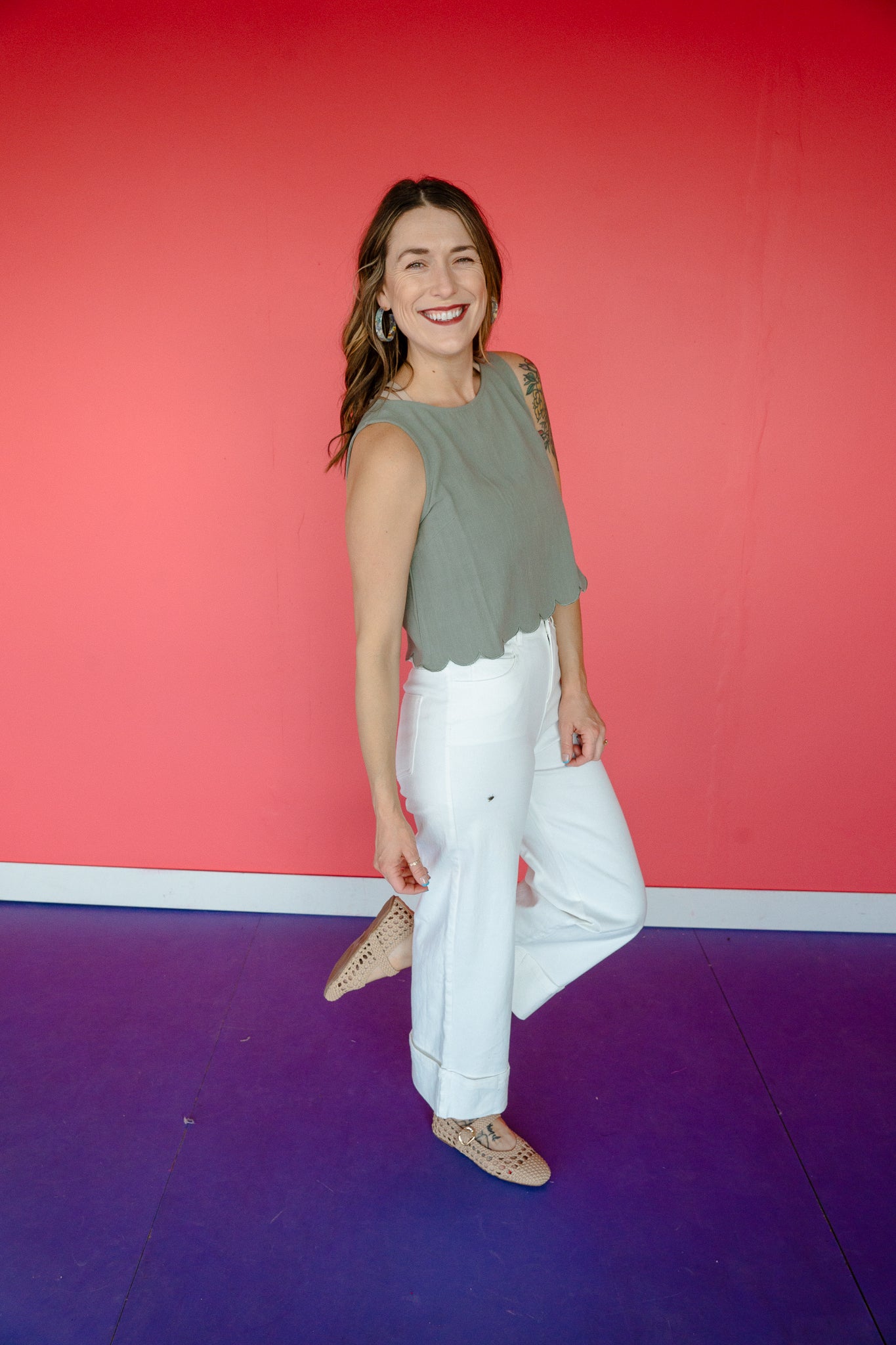 Sophie Scalloped Top and Pant Set - Light Olive