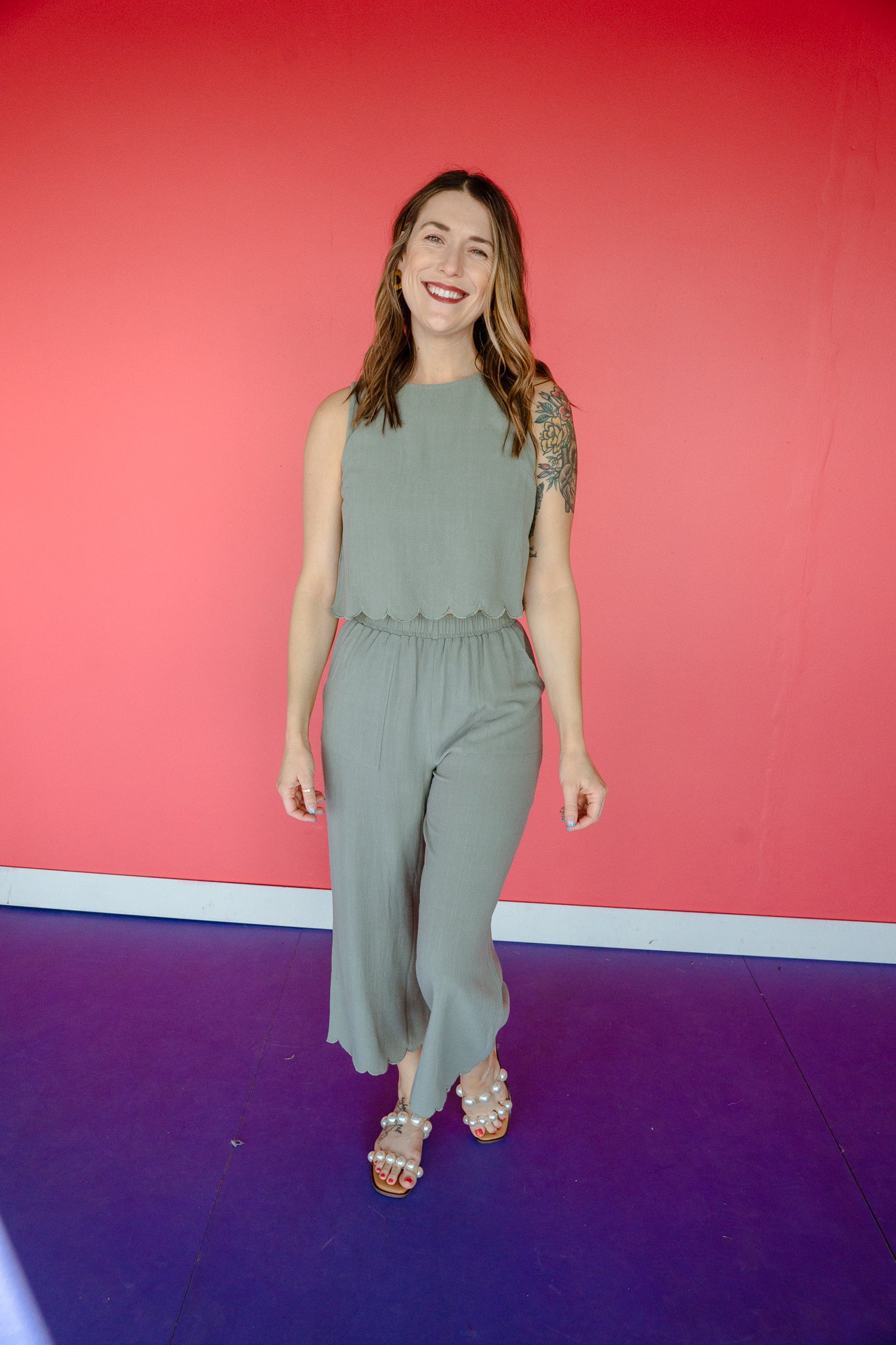 Sophie Scalloped Top and Pant Set - Light Olive