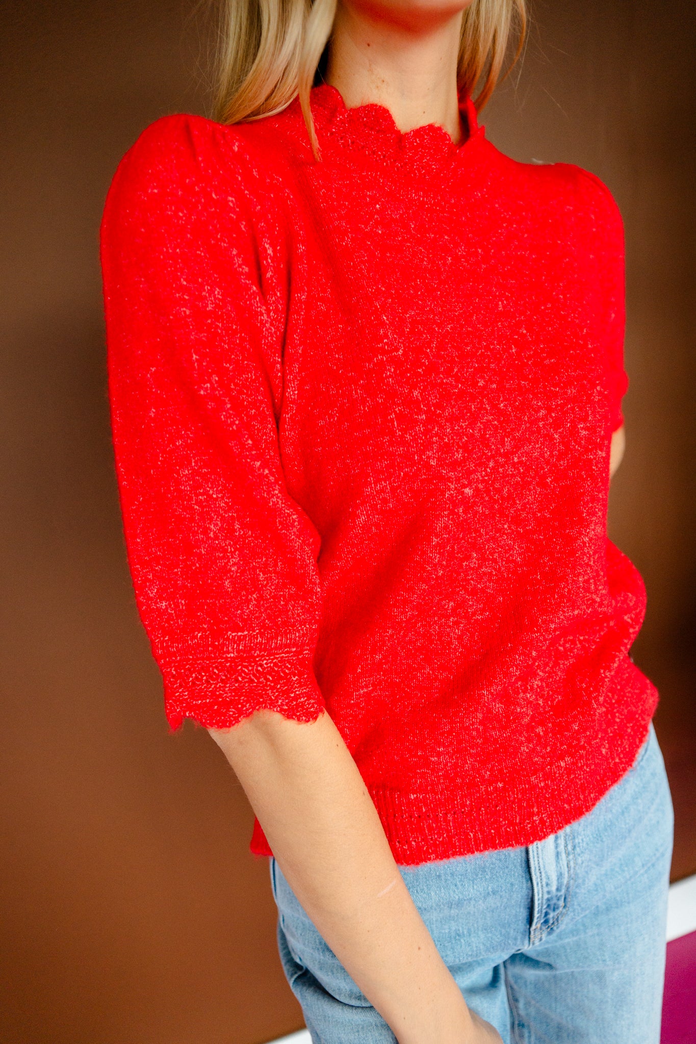 Anastasia Scalloped Edge Short Sleeve Sweater - Geranium