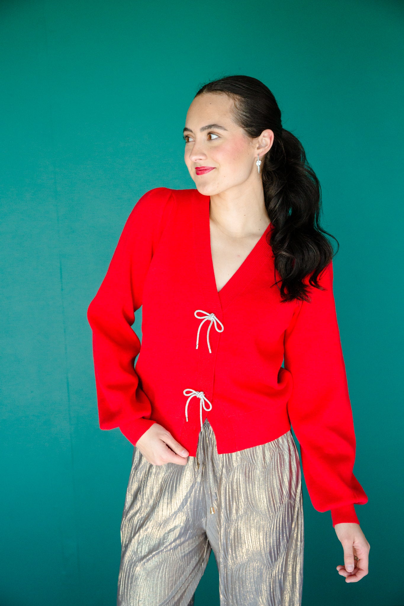 Zaria Bow Detail Cardigan - True Red