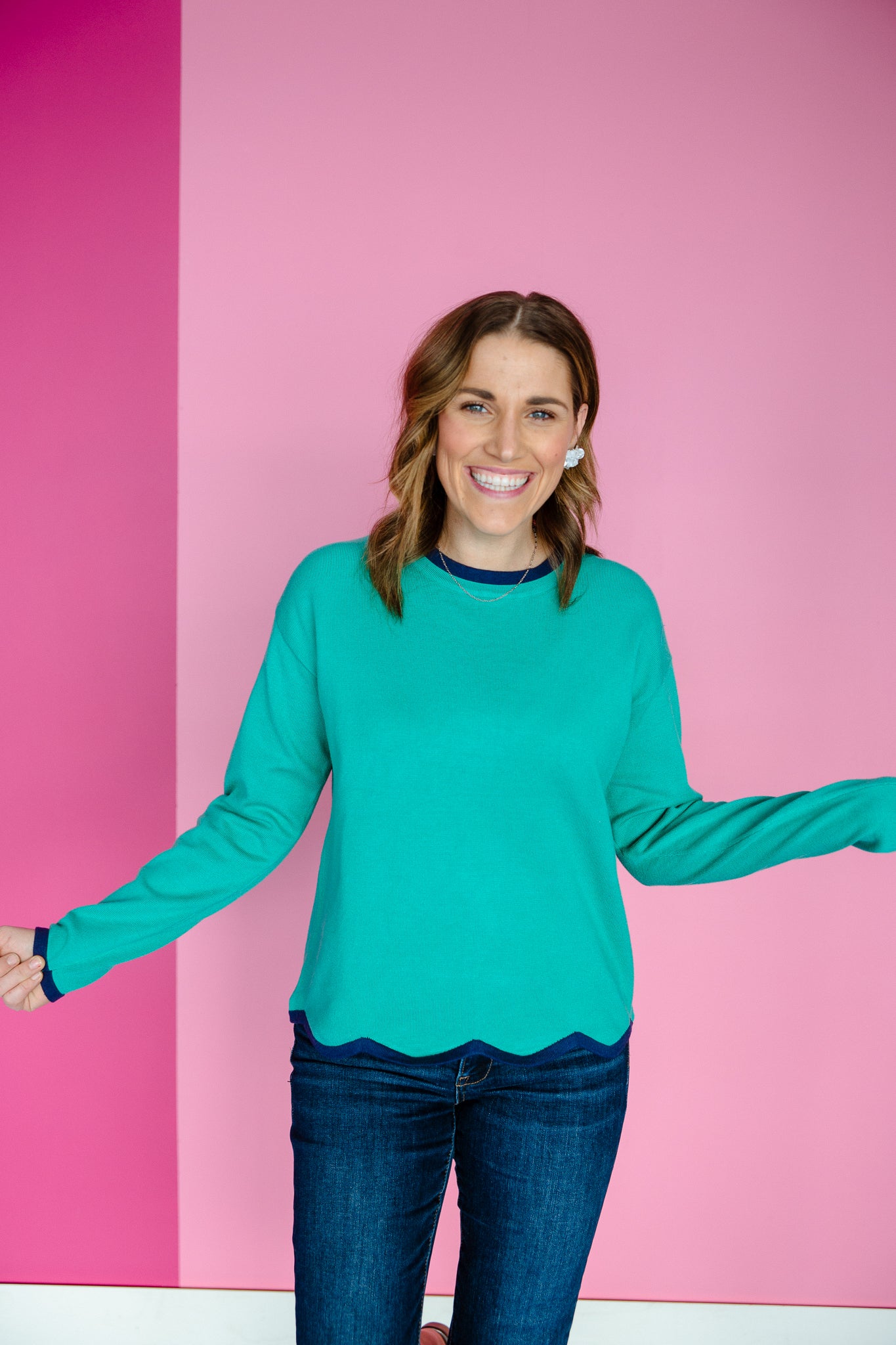 London Scallop Hem Sweater - Jade + French Navy