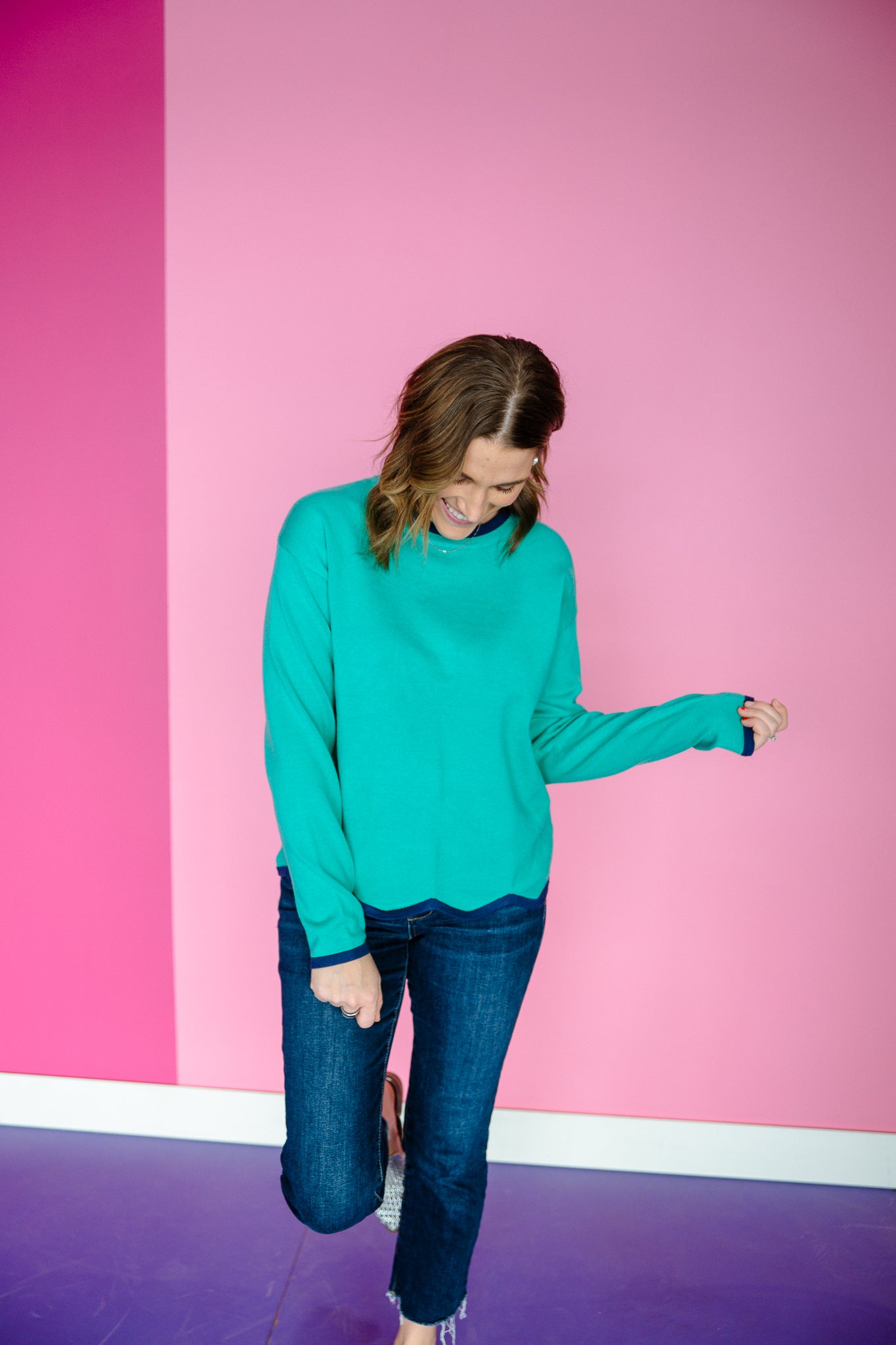 London Scallop Hem Sweater - Jade + French Navy