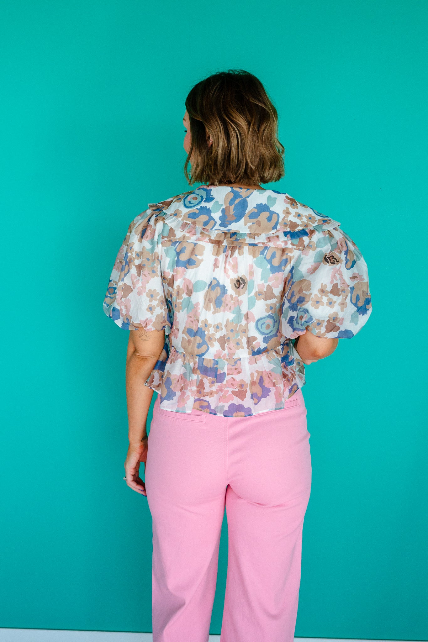 Ariana Collared Peplum Blouse - Mushroom + Smokey Blue + Pink