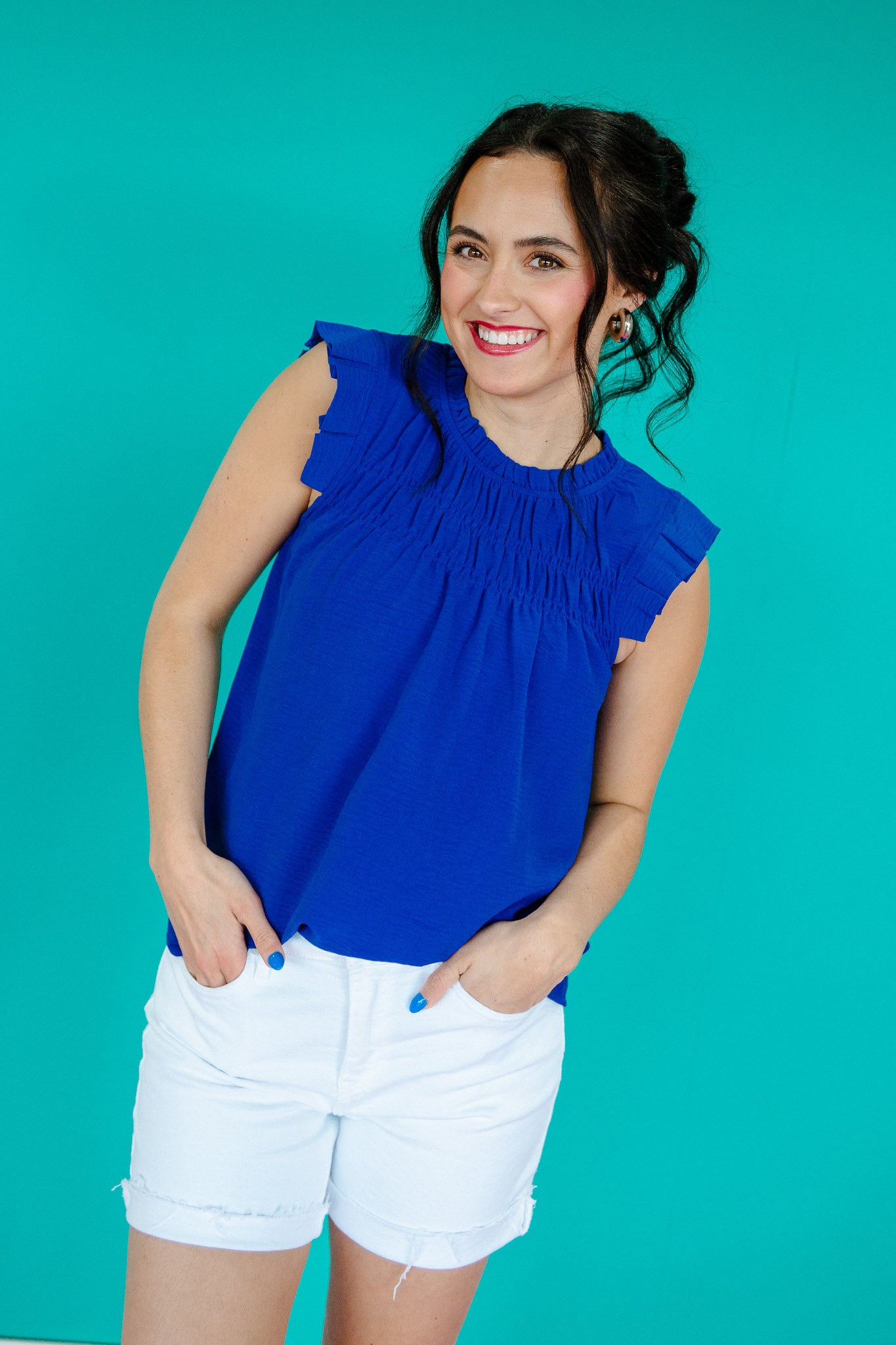 Jordy Ruffled Sleeve Top - Bright Navy