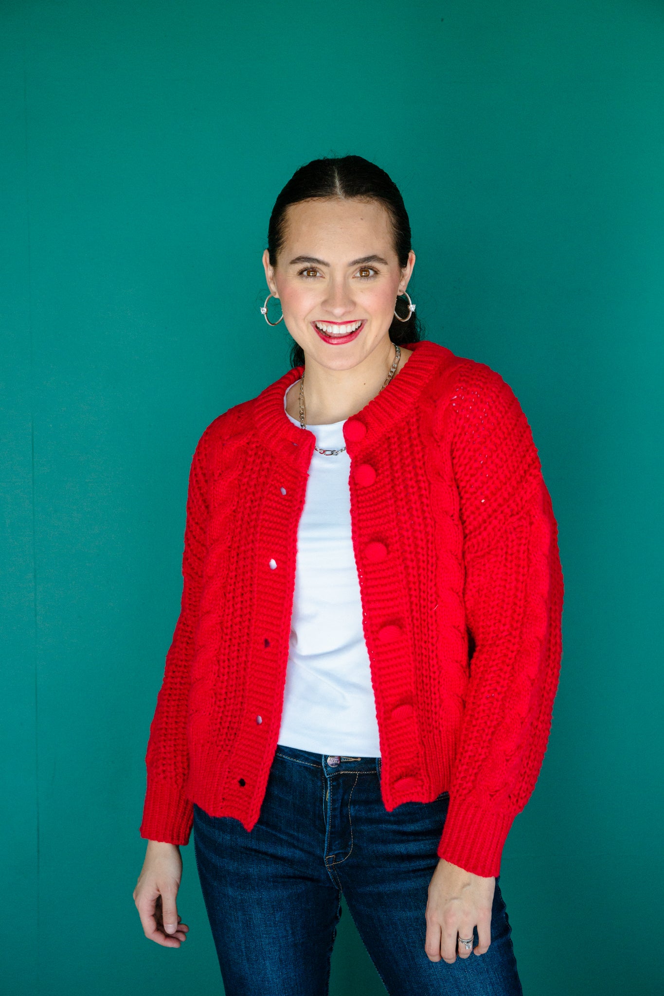 Eva Cableknit Cardigan - Cherry/Carmine