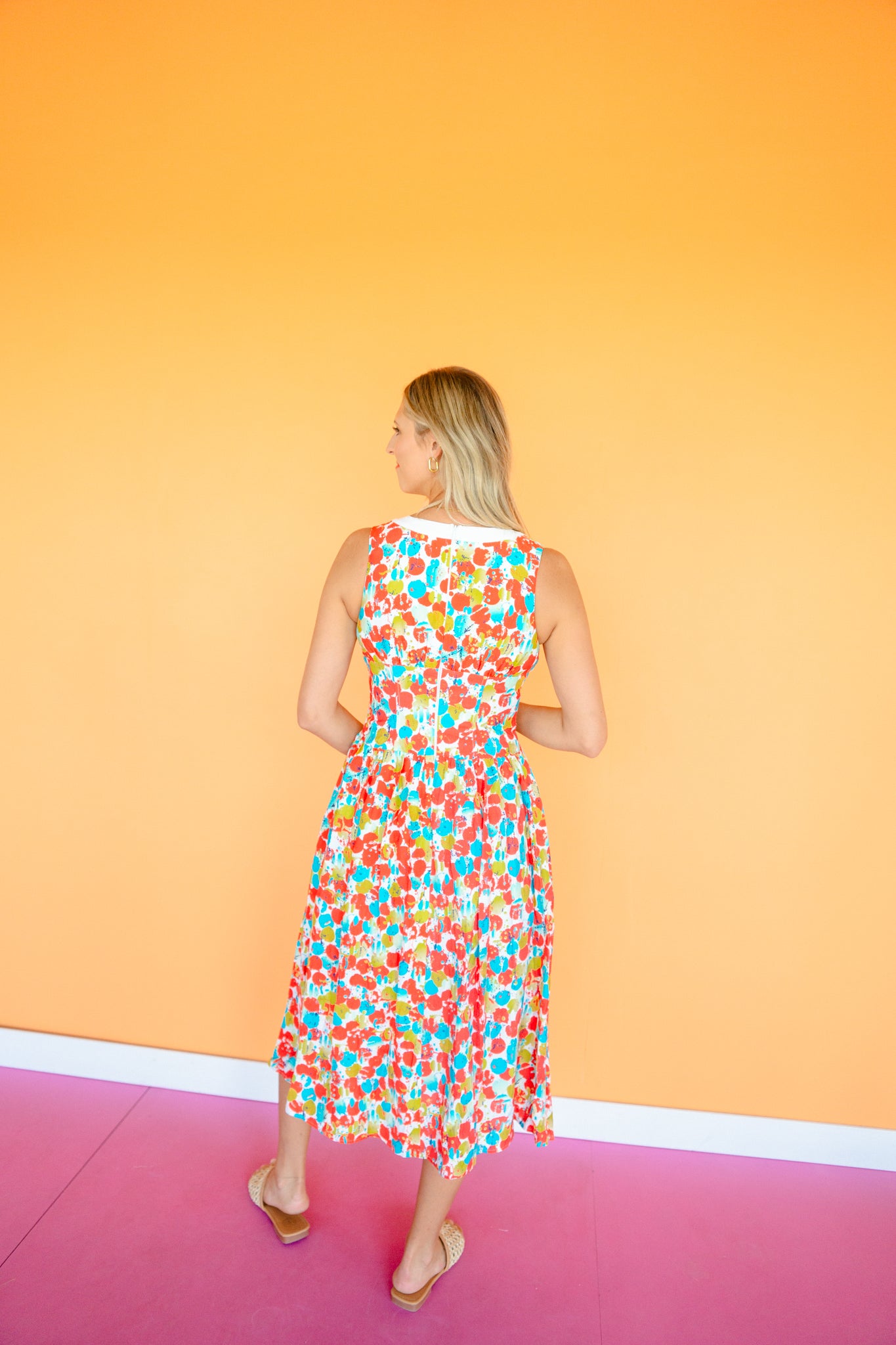 Stephanie Sleeveless Midi Dress - Geranium + Aqua  + Lime