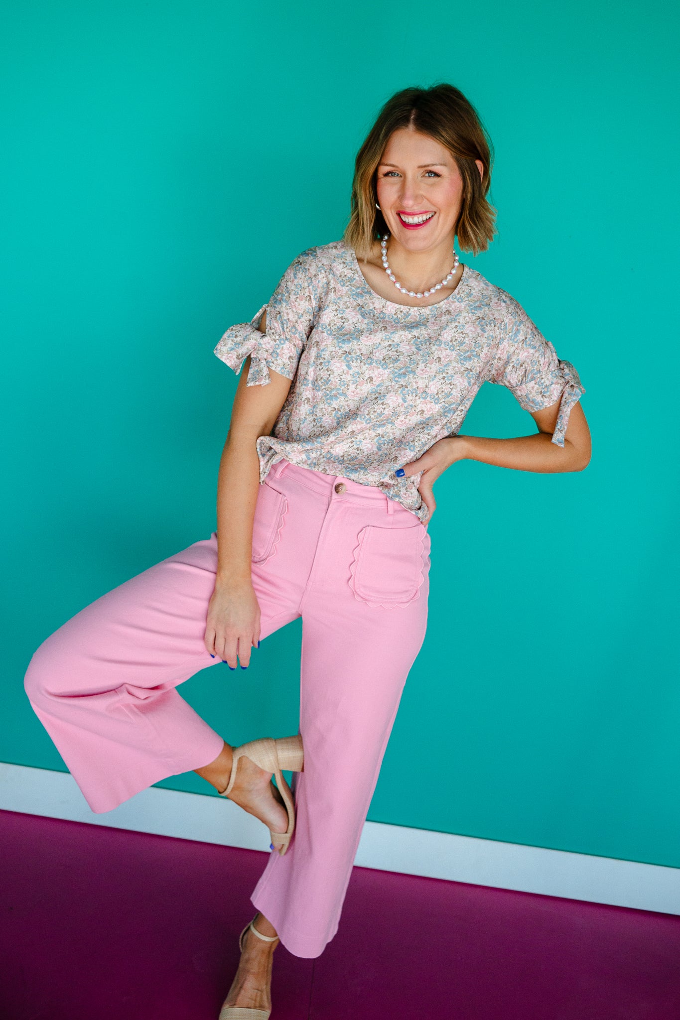 Ruelle Bow Sleeve Floral Blouse - Mushroom + Rosewood