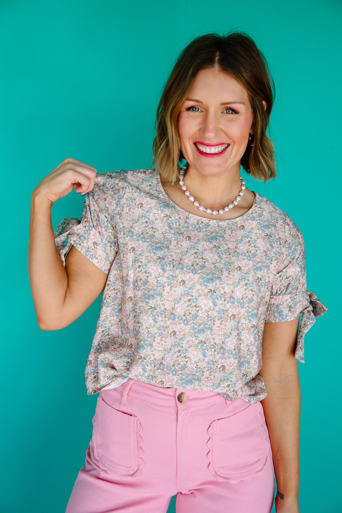 Ruelle Bow Sleeve Floral Blouse - Mushroom + Rosewood