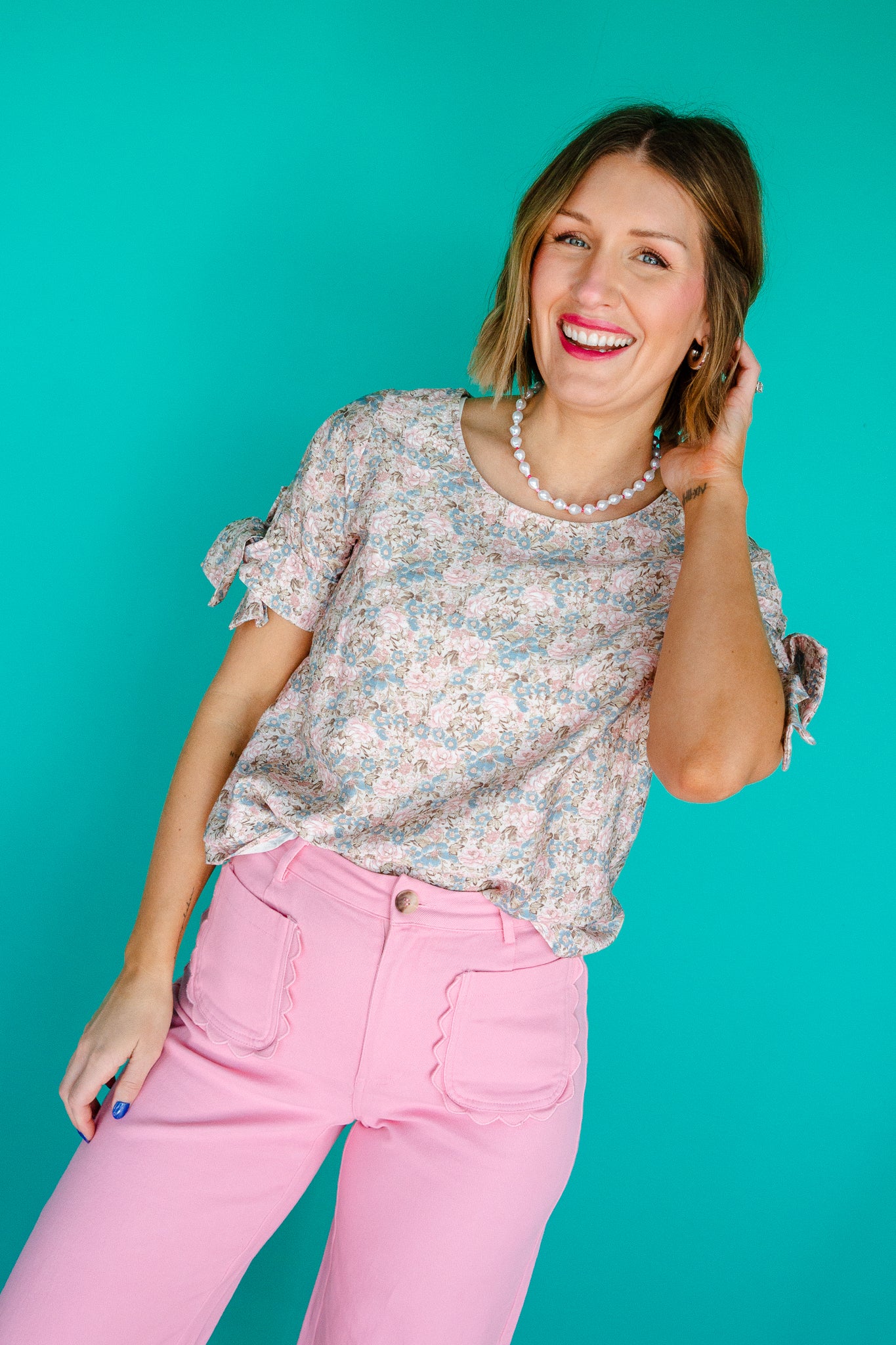 Ruelle Bow Sleeve Floral Blouse - Mushroom + Rosewood