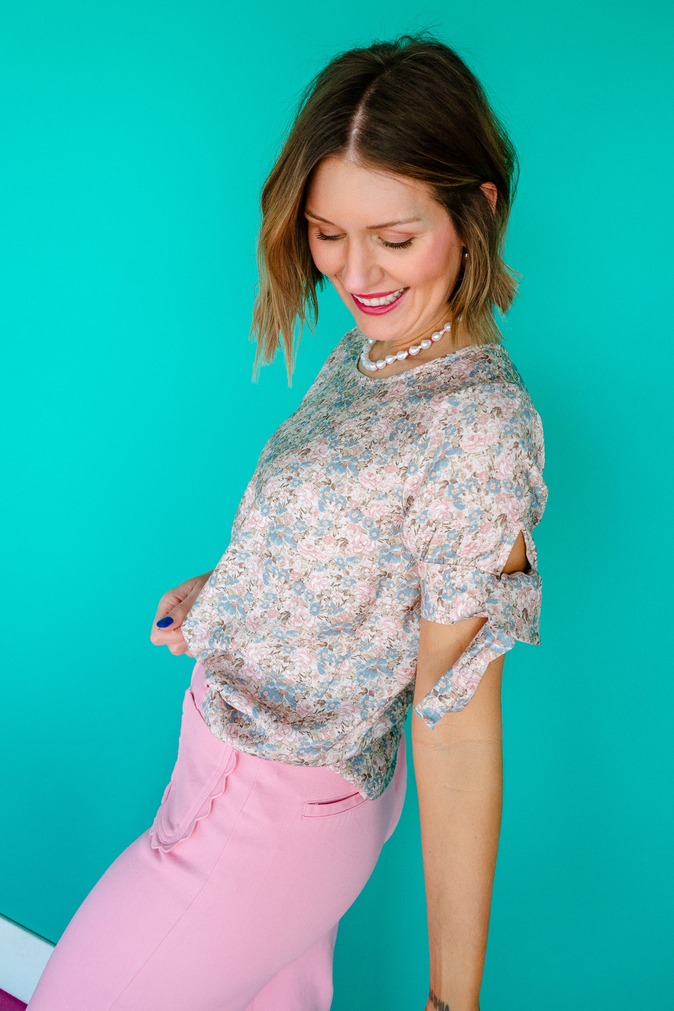 Ruelle Bow Sleeve Floral Blouse - Mushroom + Rosewood