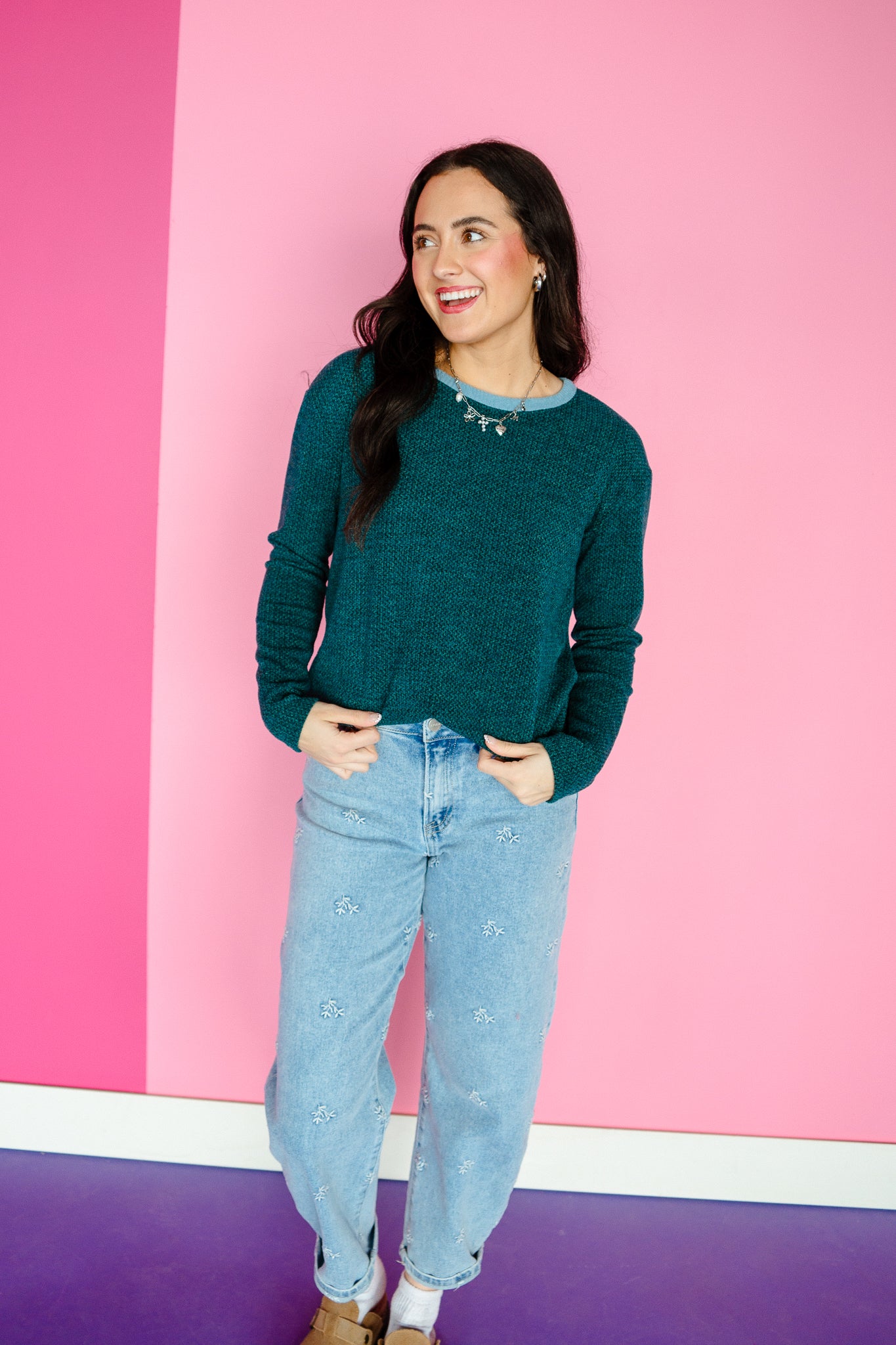 Callie Contrast Detail Top - Cool Green + Blue