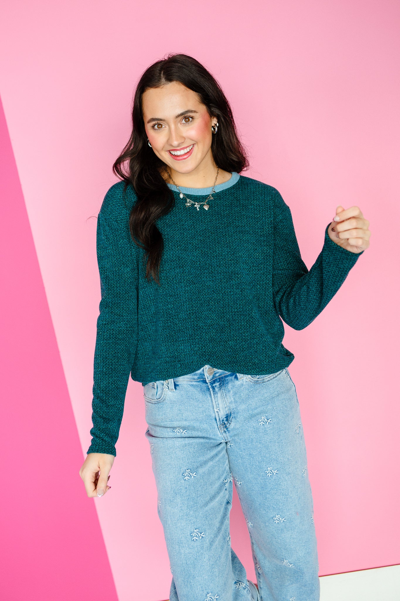 Callie Contrast Detail Top - Cool Green + Blue