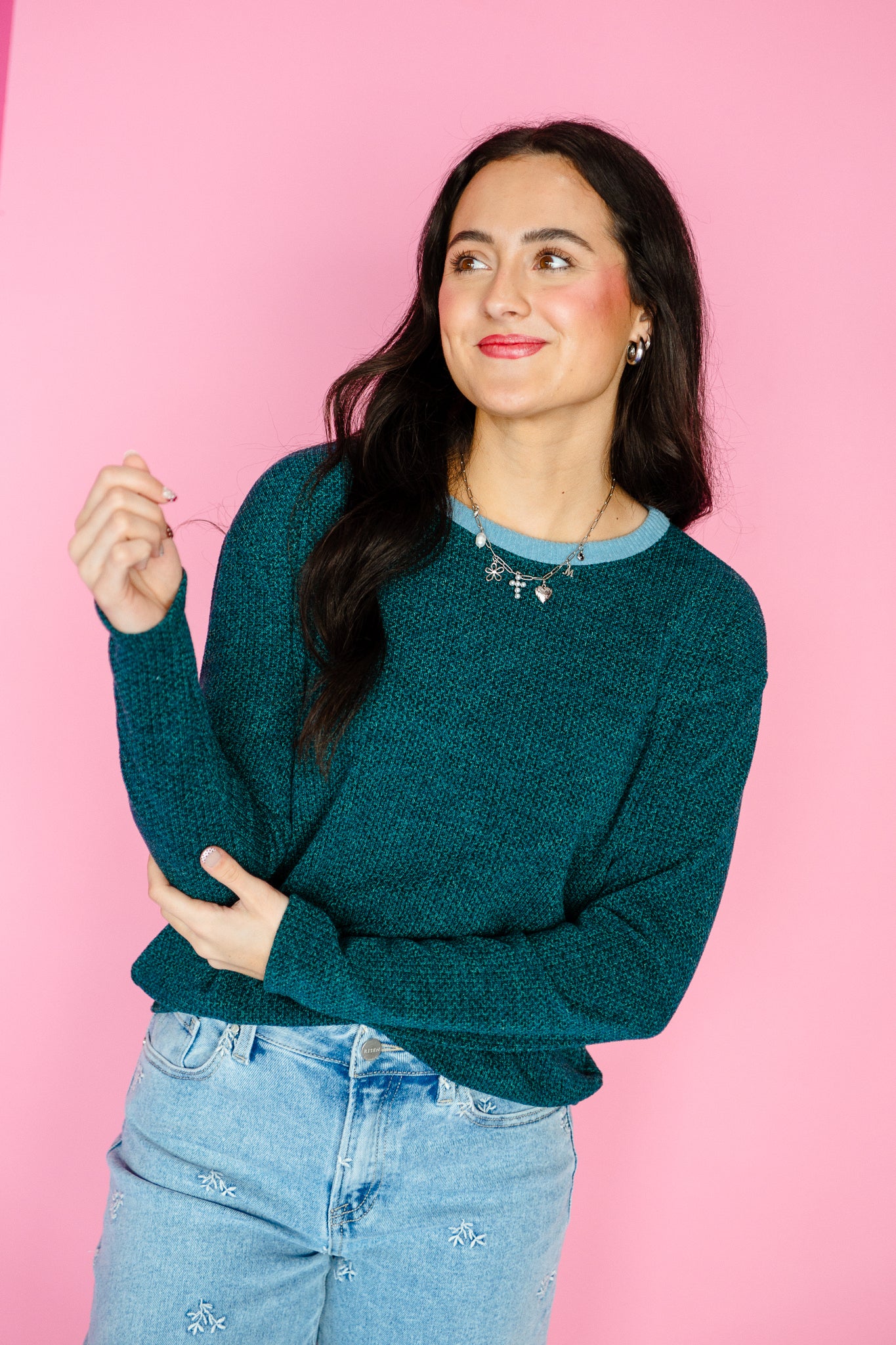 Callie Contrast Detail Top - Cool Green + Blue