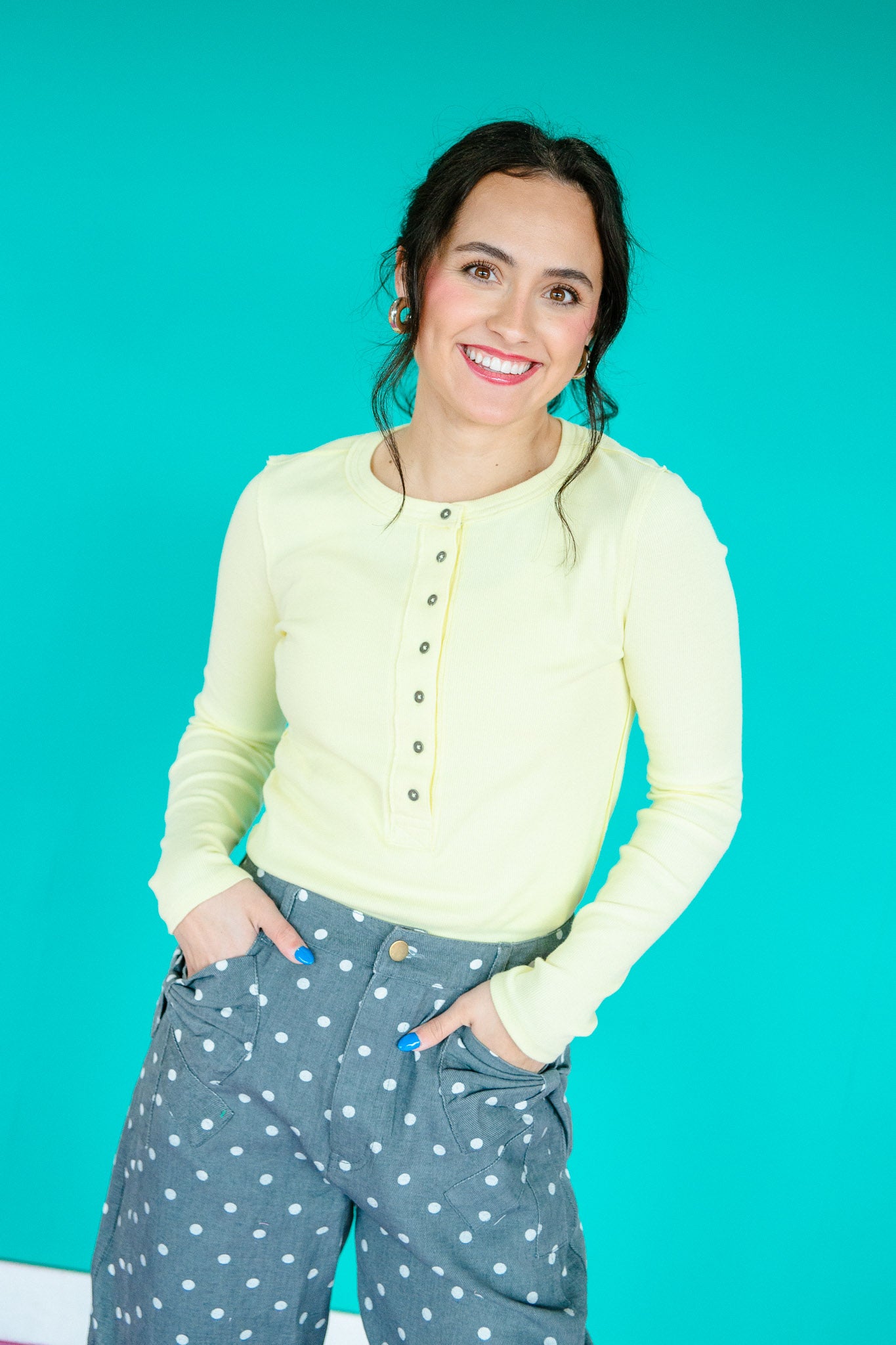 Cathy Long Sleeve Henley Top - Cool Yellow