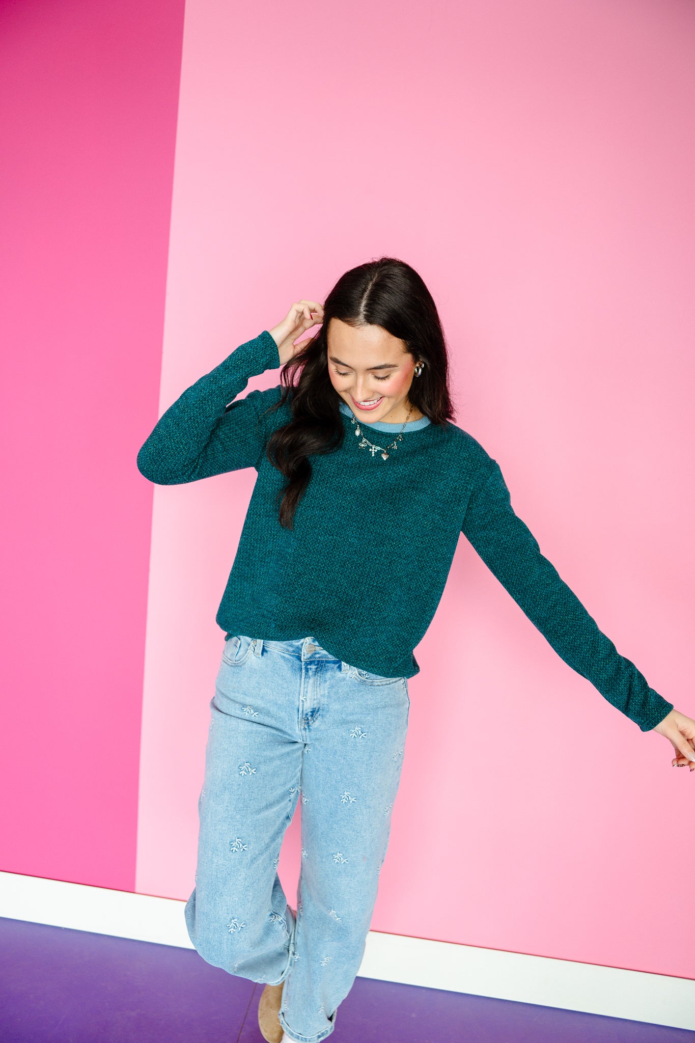 Callie Contrast Detail Top - Cool Green + Blue