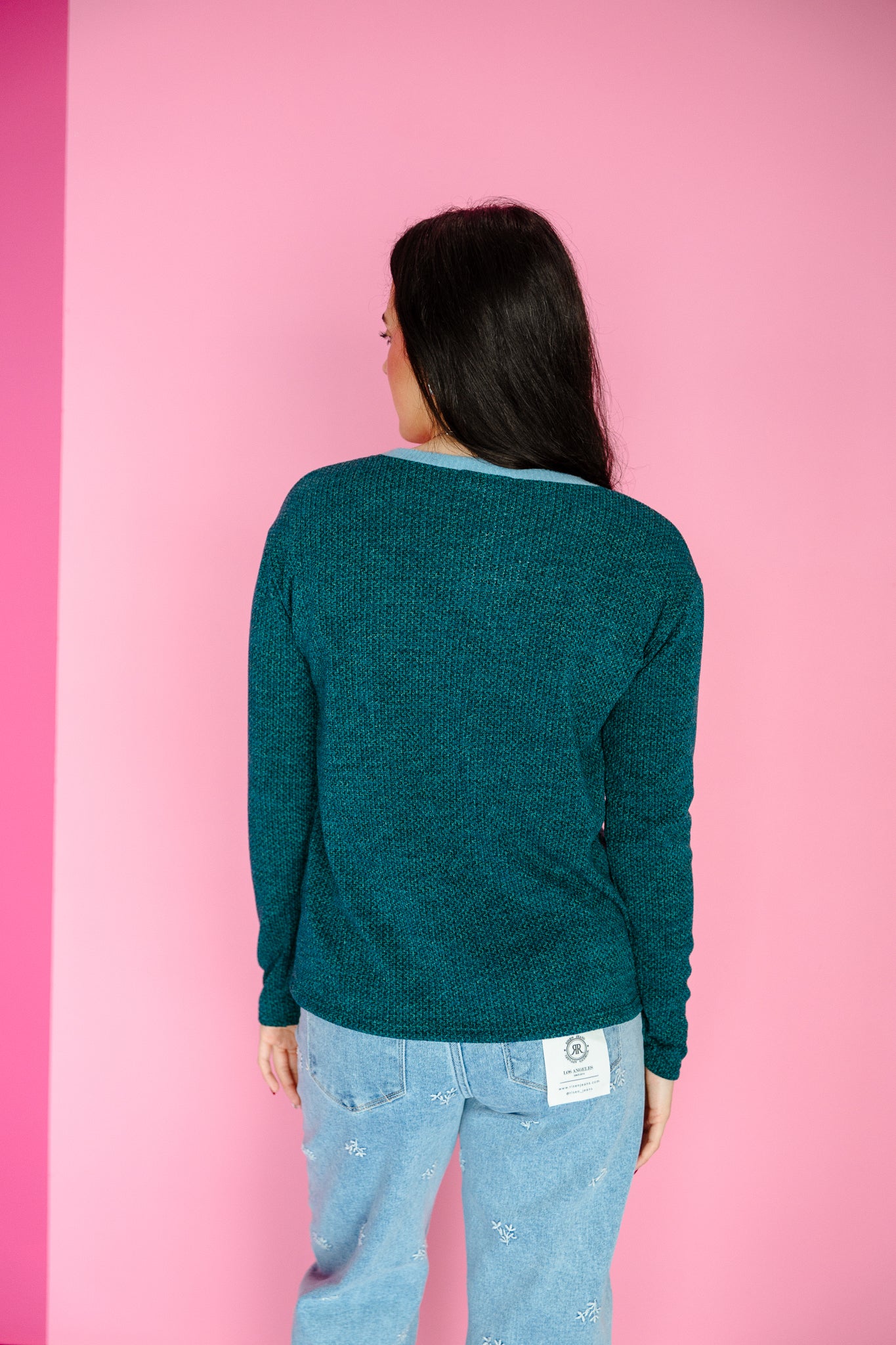 Callie Contrast Detail Top - Cool Green + Blue