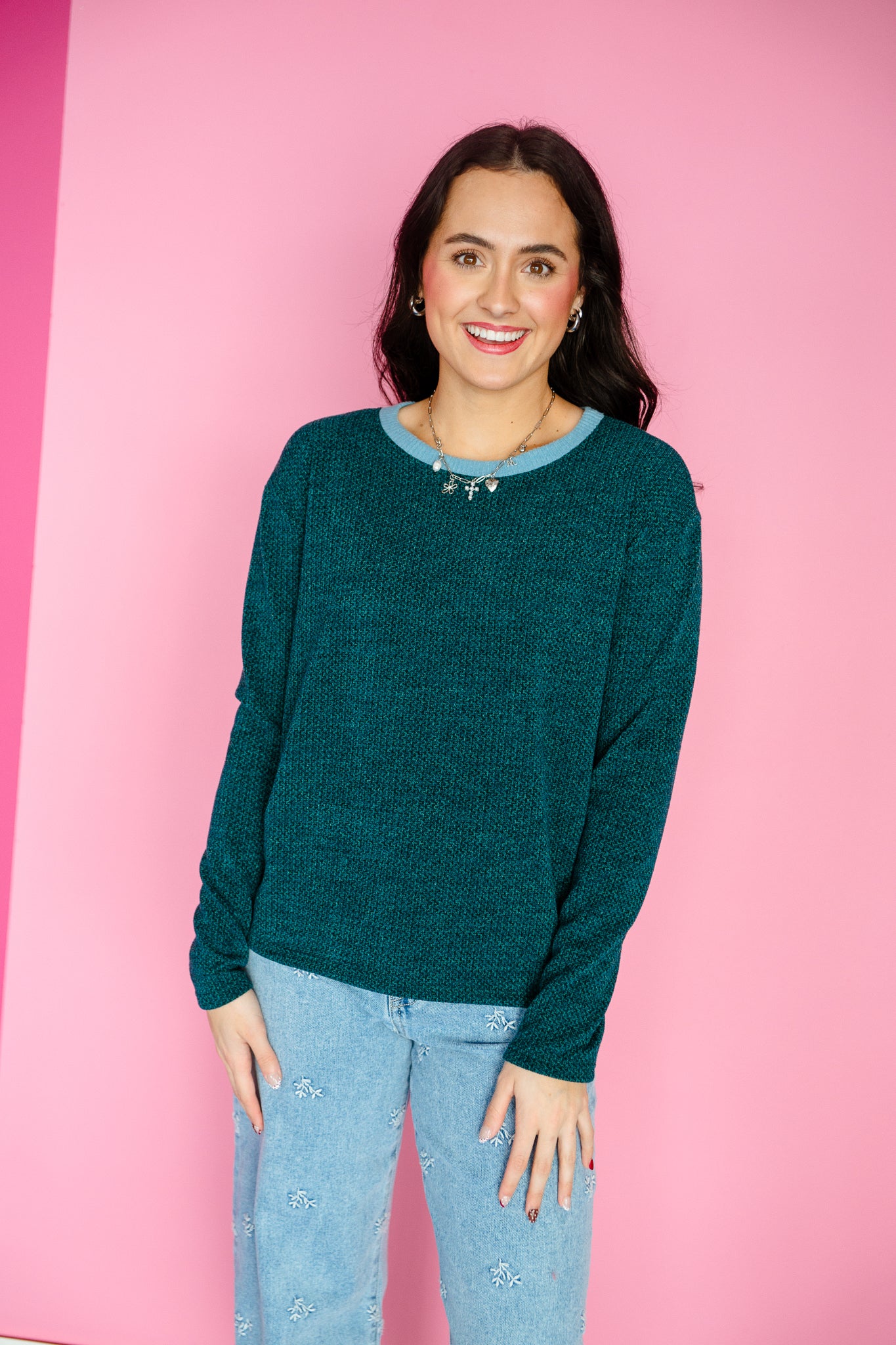 Callie Contrast Detail Top - Cool Green + Blue