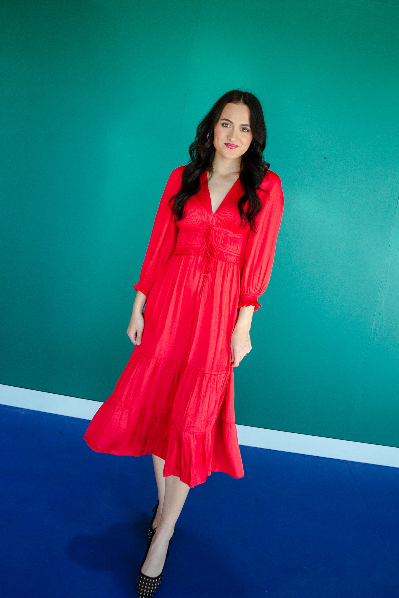 India Pleated Midi Dress - Cherry/Carmine