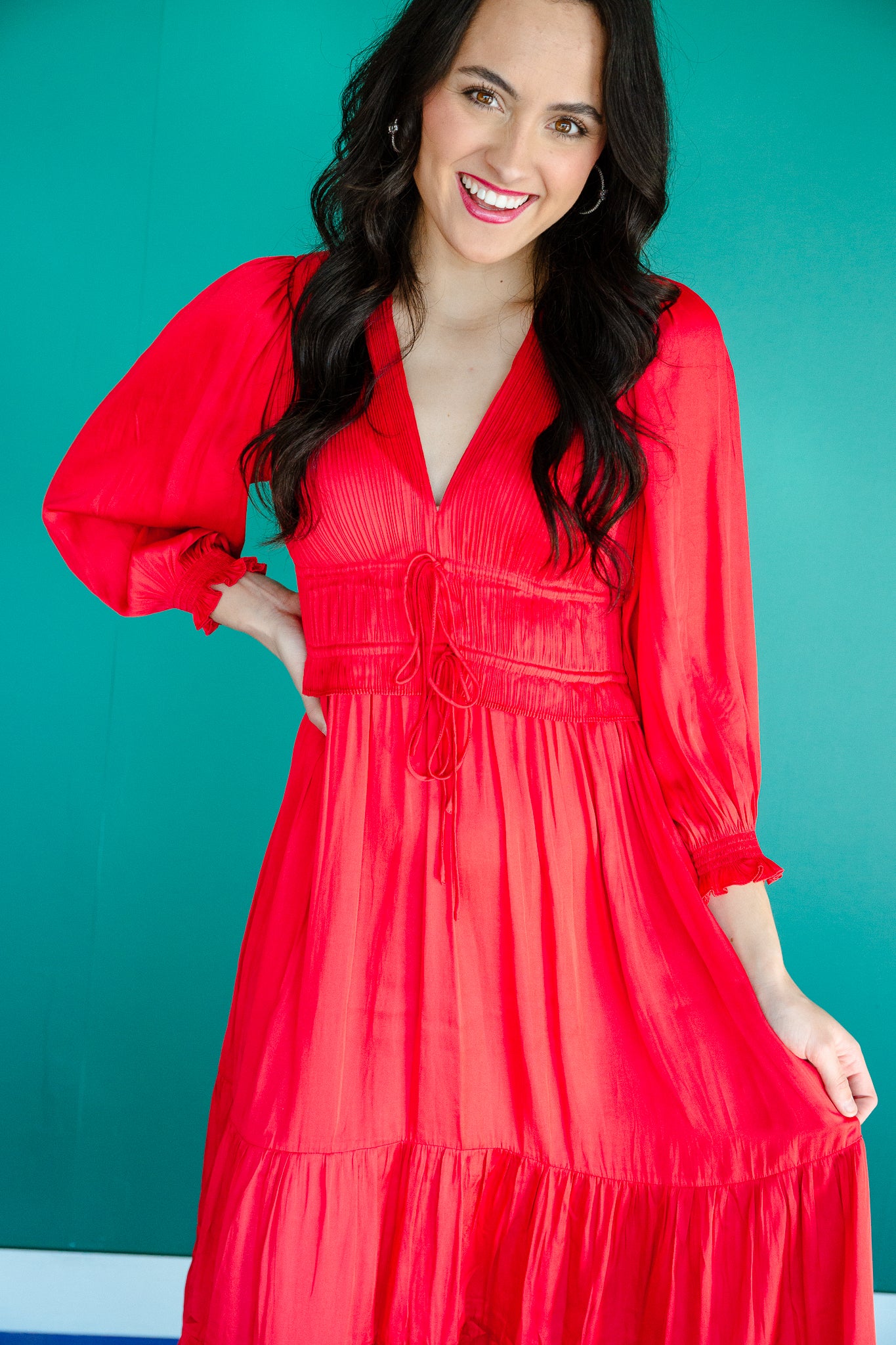 India Pleated Midi Dress - Cherry/Carmine