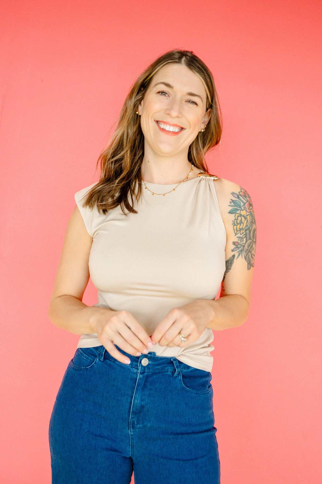 Layla Soft Shoulder Detail Tank - Light Beige