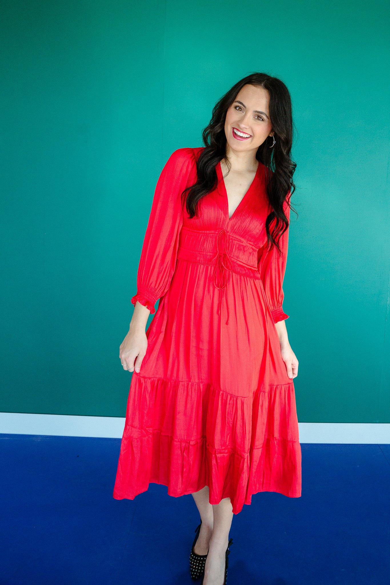 India Pleated Midi Dress - Cherry/Carmine