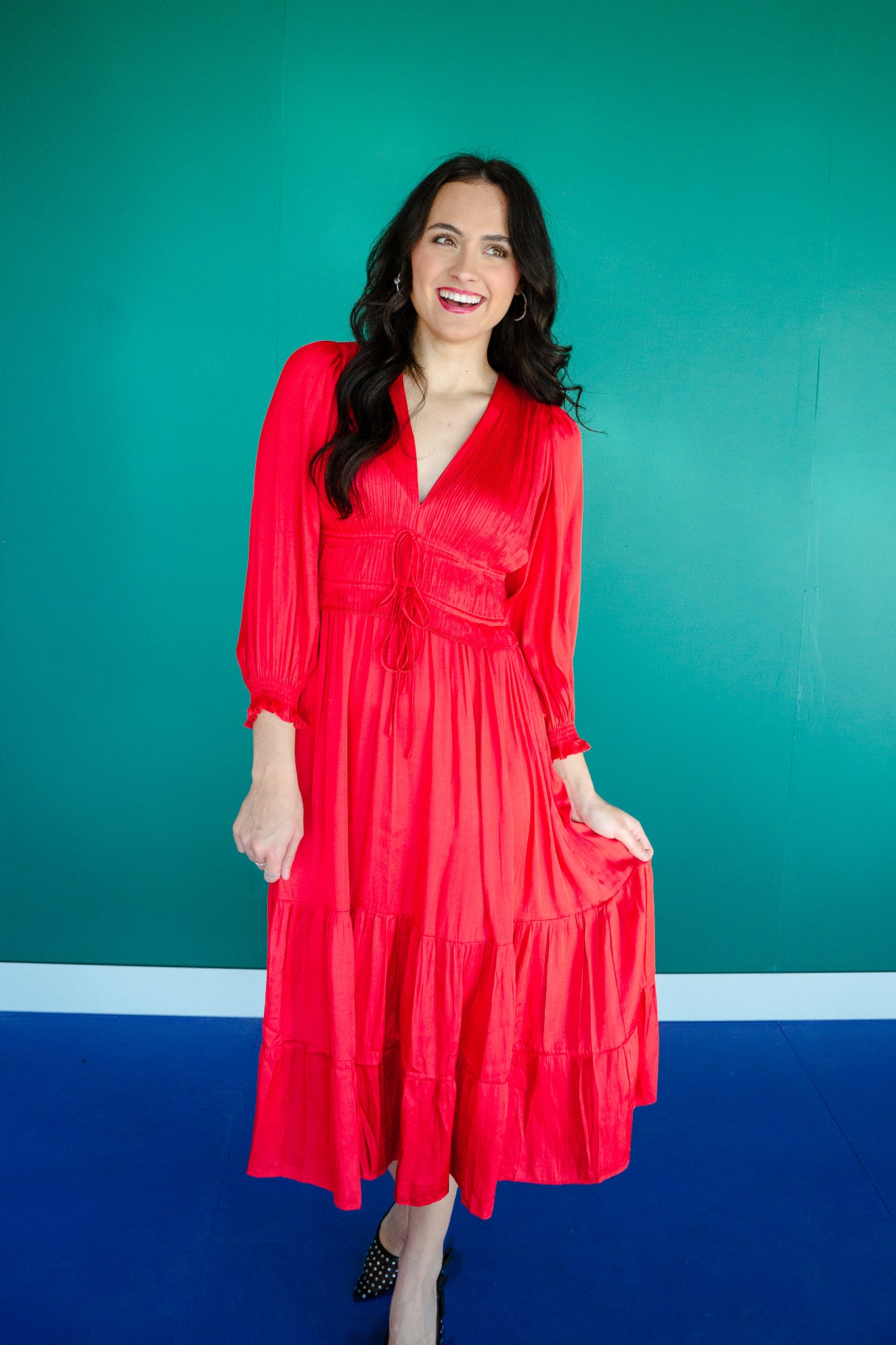 India Pleated Midi Dress - Cherry/Carmine