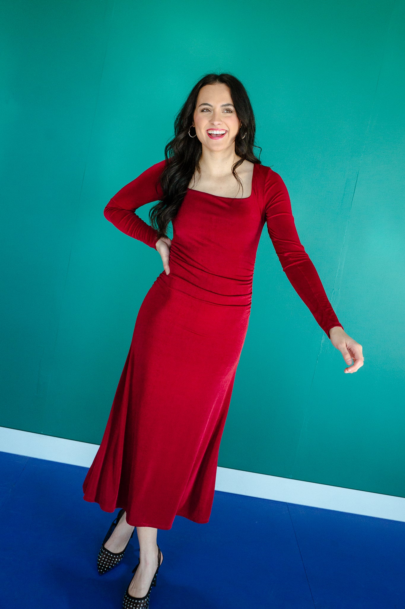 Keisha Square Neck Midi Dress - Burgundy