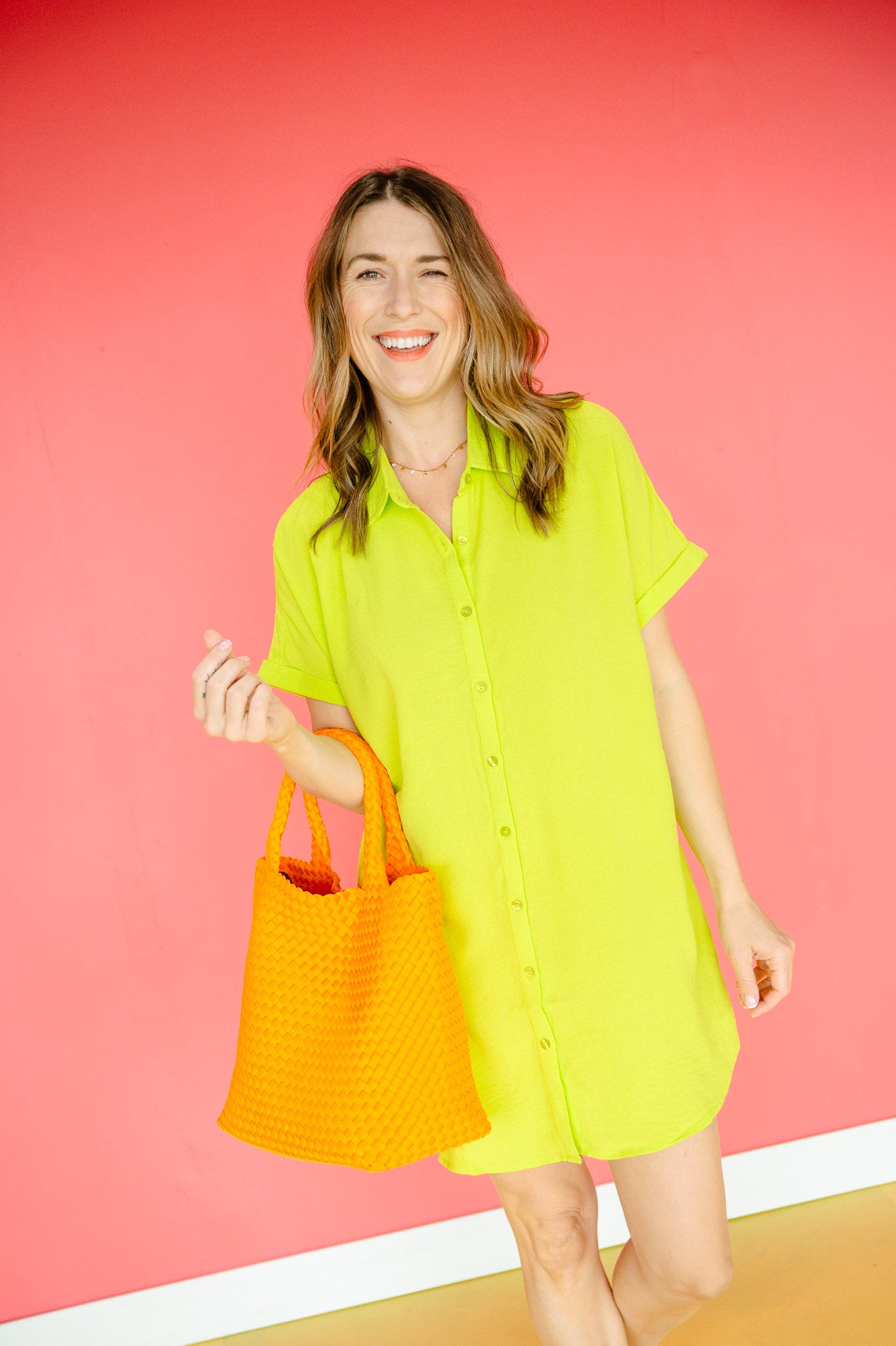 Carlie Button Down Mini Dress - Lime