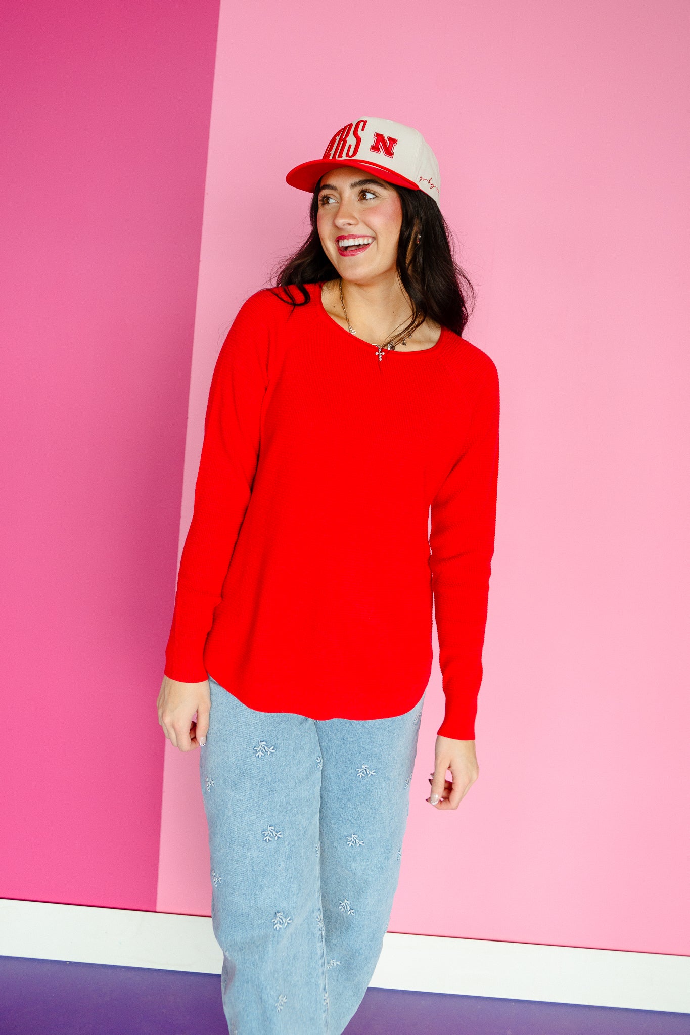 Tiegan Waffle Textured Pullover - True Red