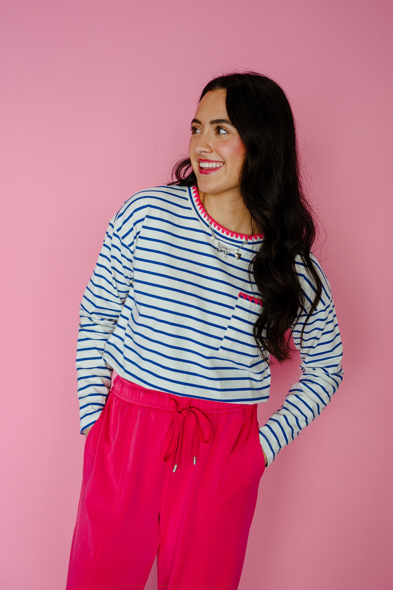 Tiffani Striped Top - Royal Blue + Raspberry + Soft White