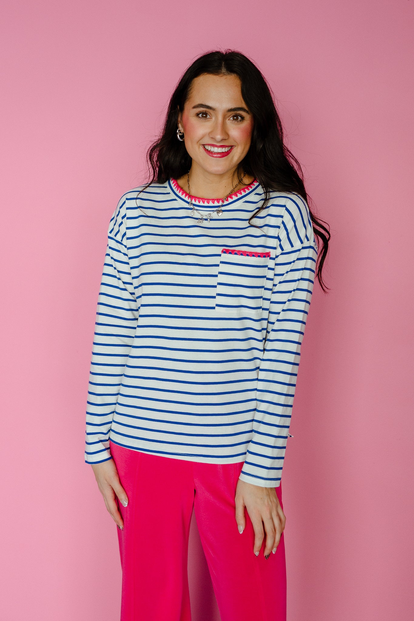 Tiffani Striped Top - Royal Blue + Raspberry + Soft White
