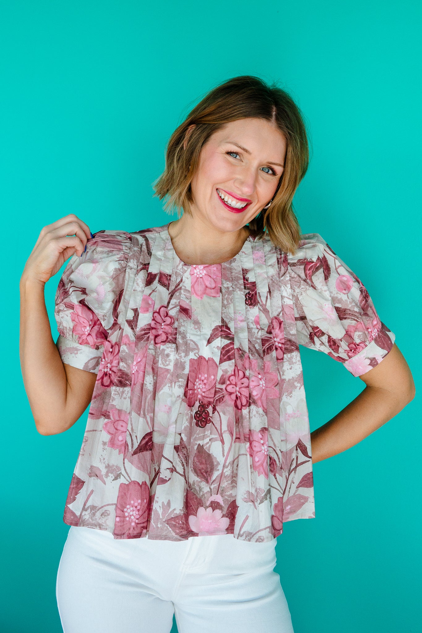 Addy Pleated Floral Blouse - Mushroom + Rose +  Plum