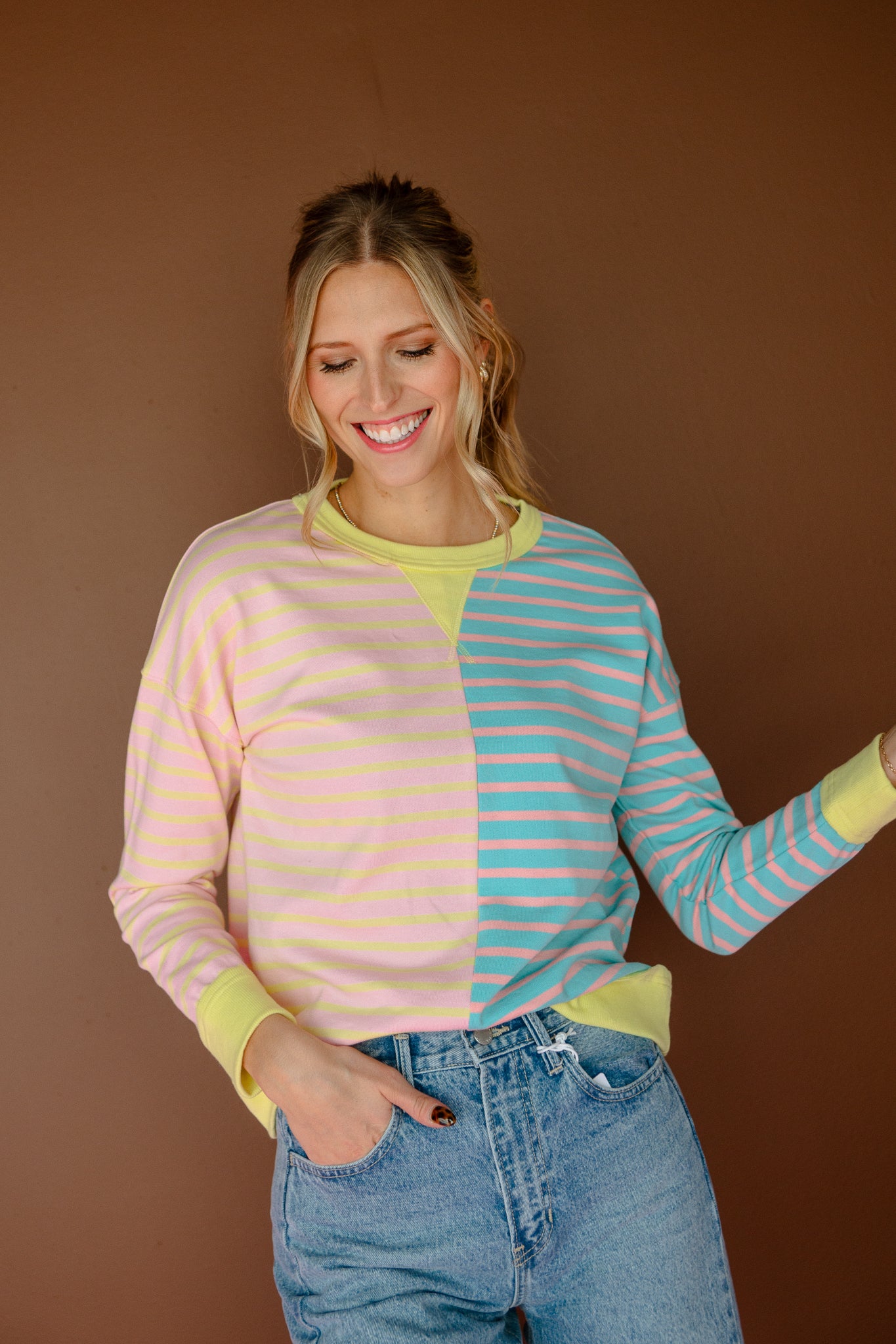 Carla Striped Sweatshirt - Canary + Warm Pink
